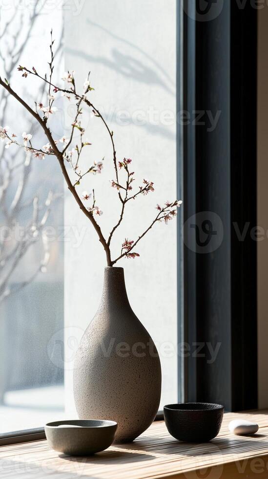 a portrait close-up photo focusing on traditional Japanese furniture in house, living room and plant pots and similar elements that capture the essence of Wabi-Sabi