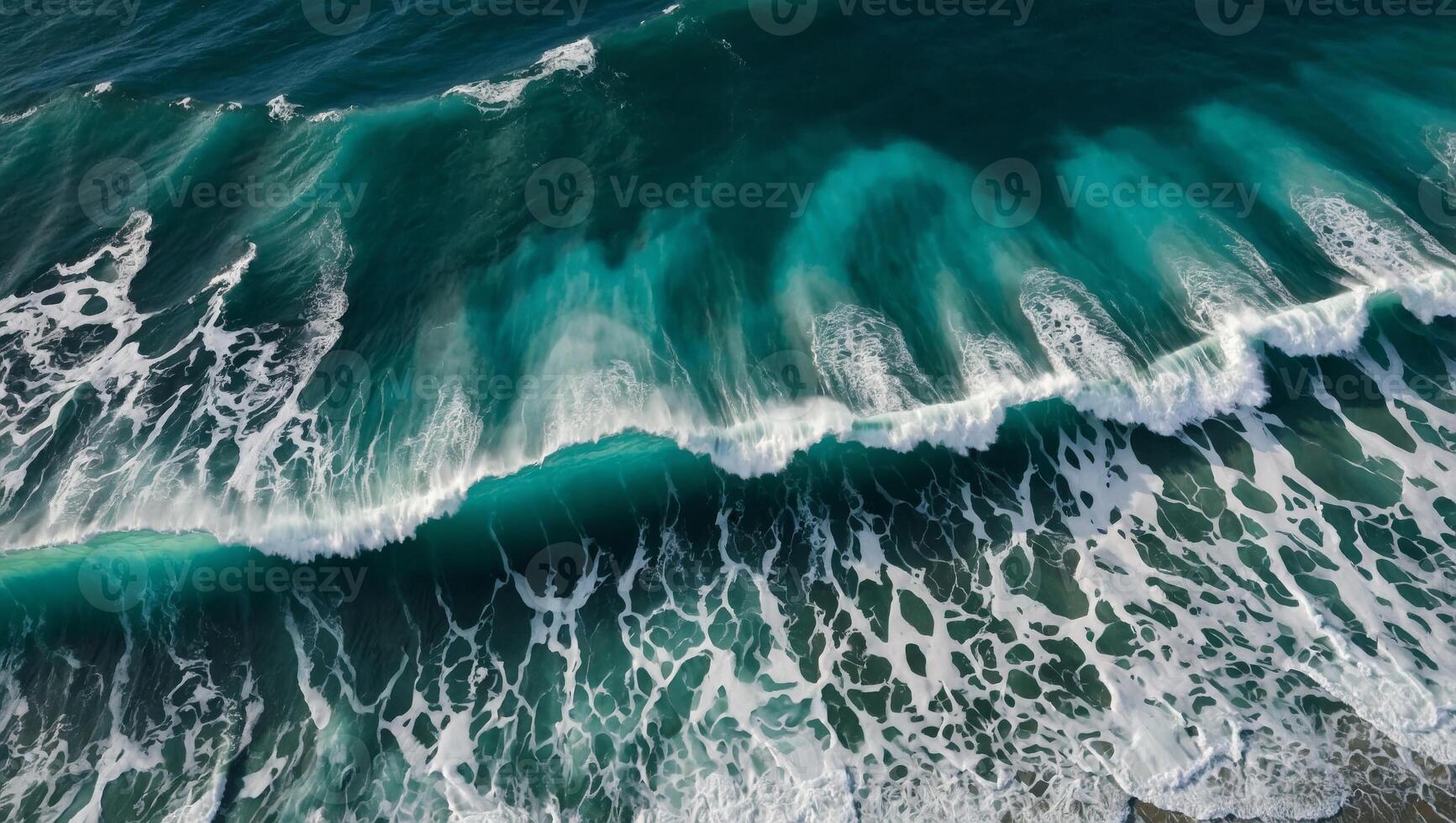 Aerial view of turquoise ocean wave reaching the coastline. photo