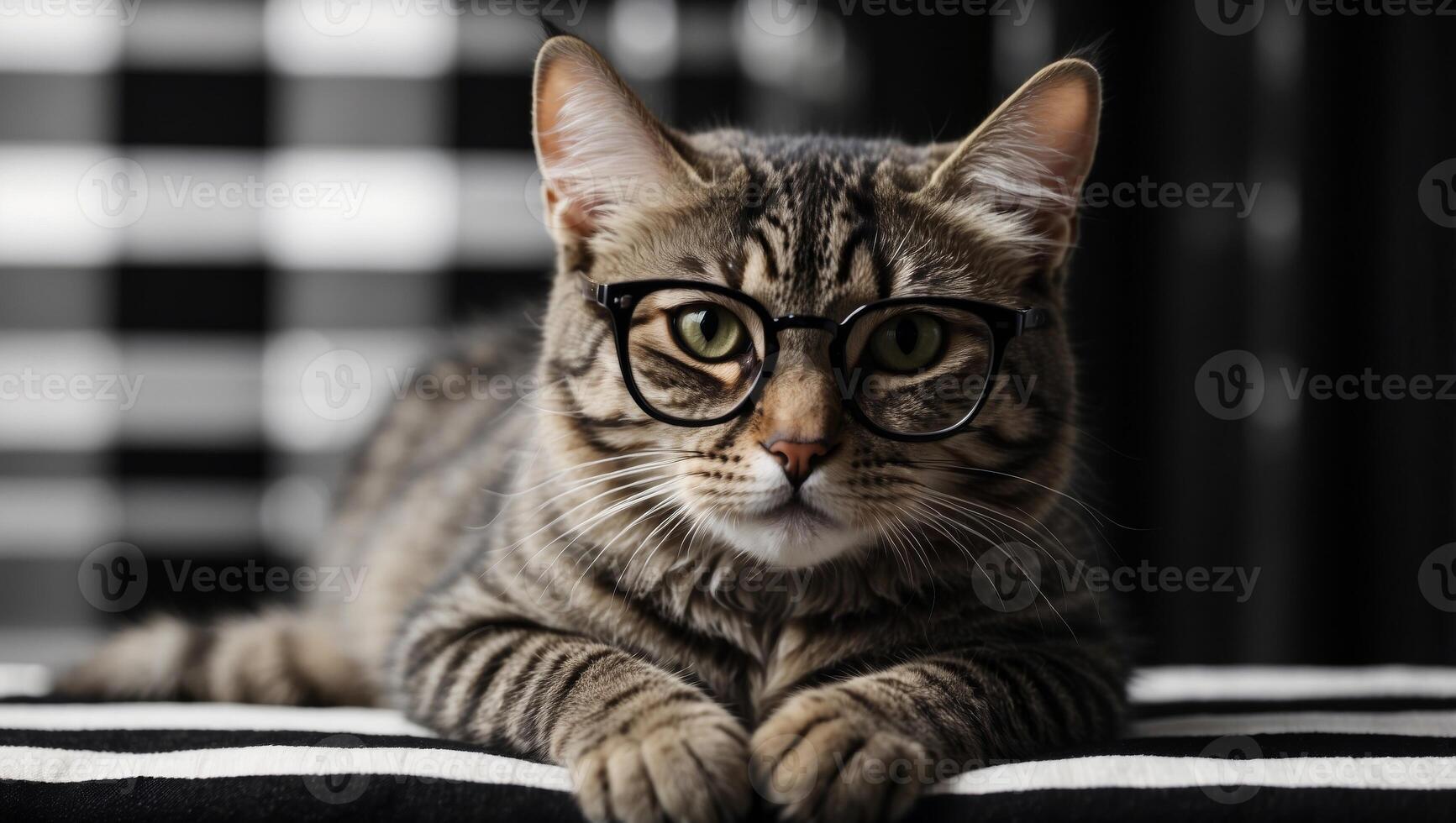 Classic Black Framed Glasses Adorn a Stylish D Rendered Tabby Cat on a Black and White Striped Backdrop. photo