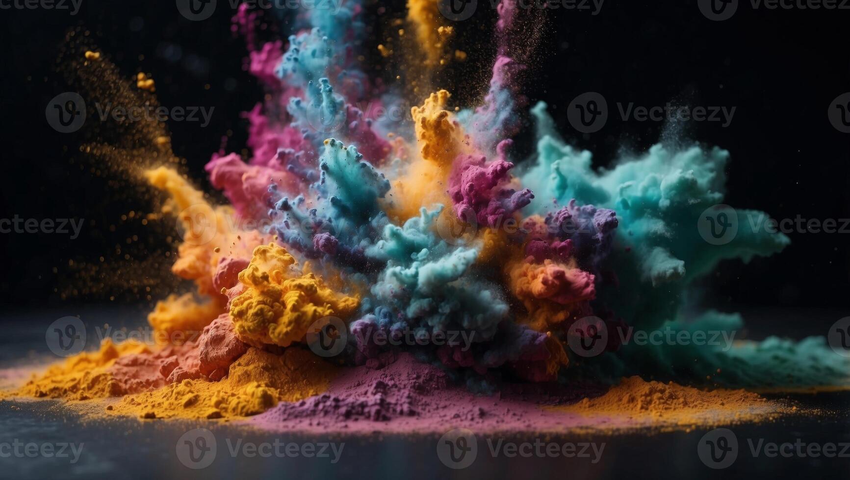 Colored powder explosion abstract closeup of dust splash on black backdrop. photo