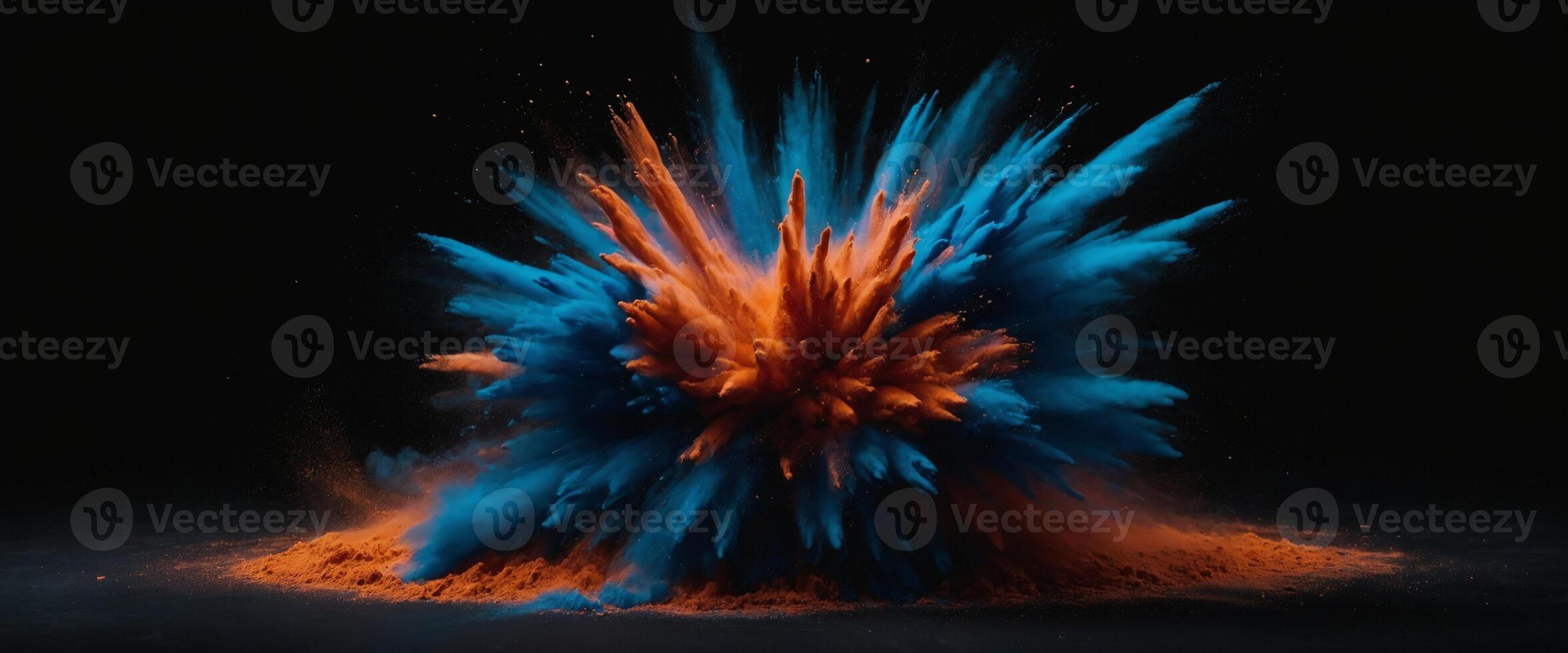 Colored Powder Explosion Speed Motion Radial Orange Blue Abstract on Black Background. photo