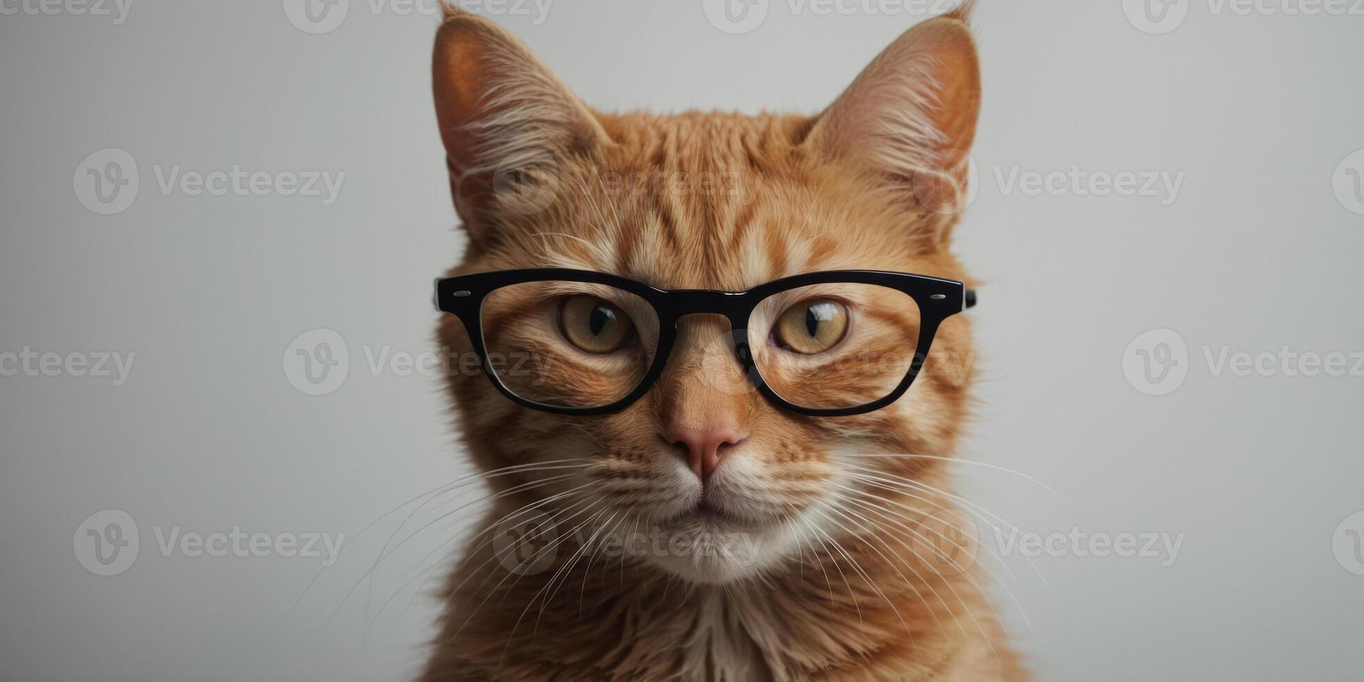 A funny red cat with glasses holds a blank white banner. photo