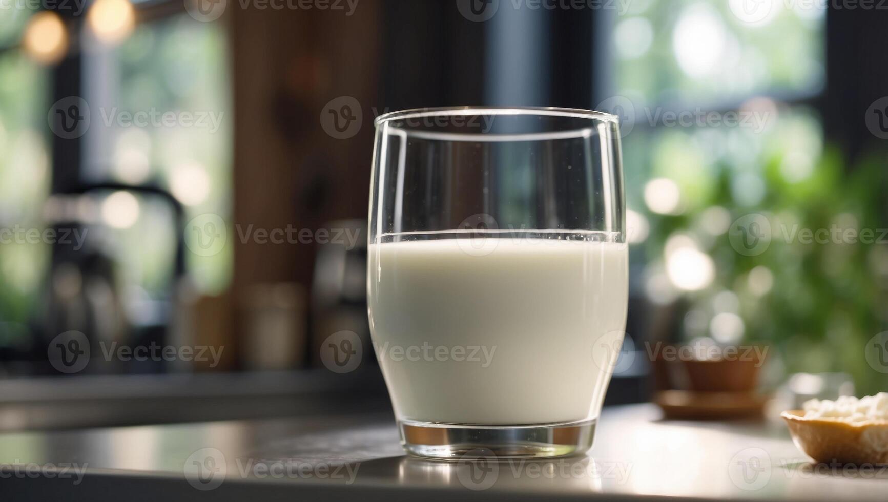 A Glass of Fresh Milk Basking in Natural Light on a Sleek Kitchen Counter. photo