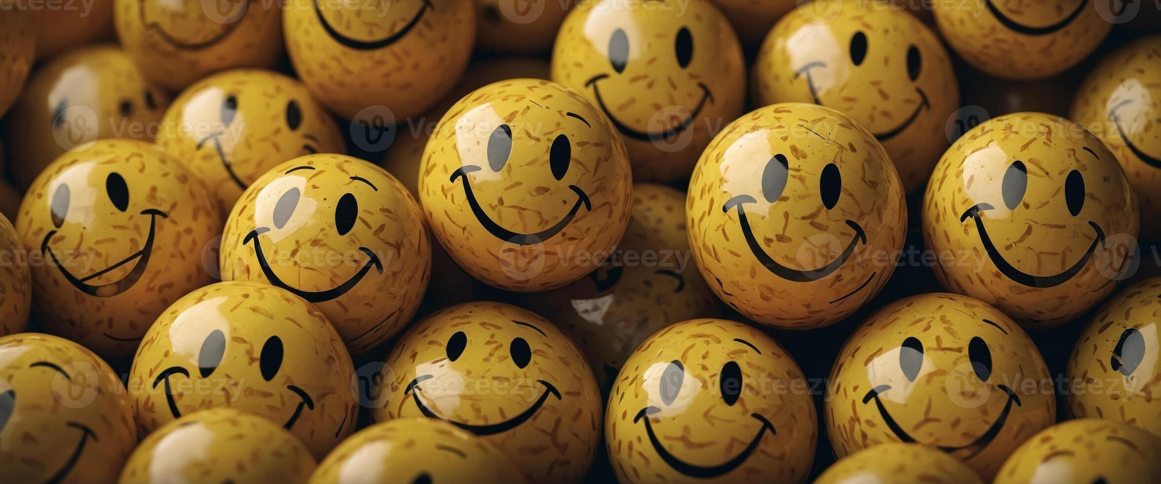 A background filled with smiley face balls, softened by a vintage light filter effect, radiating positivity and happiness. photo