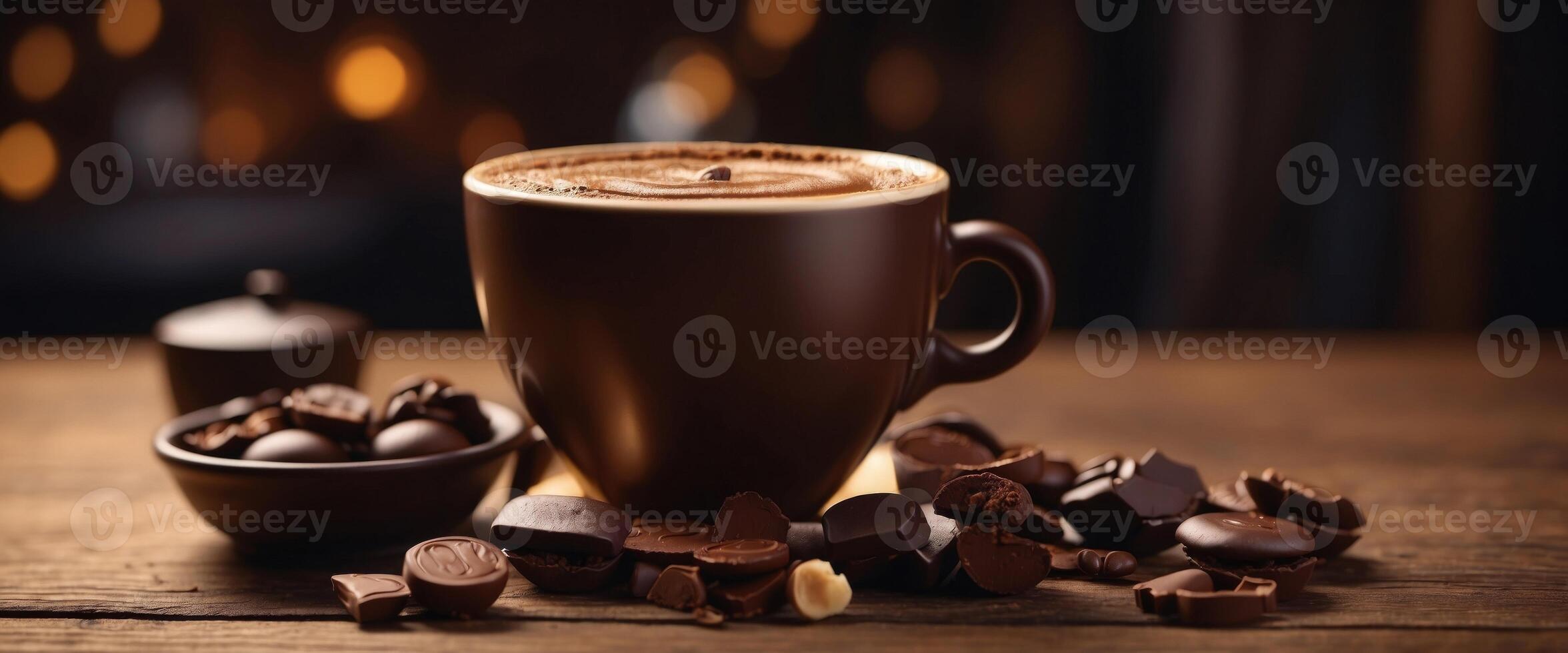 A cup of coffee with smile on brown wooden table with chocolates Beautiful original art composition cheerful image. photo