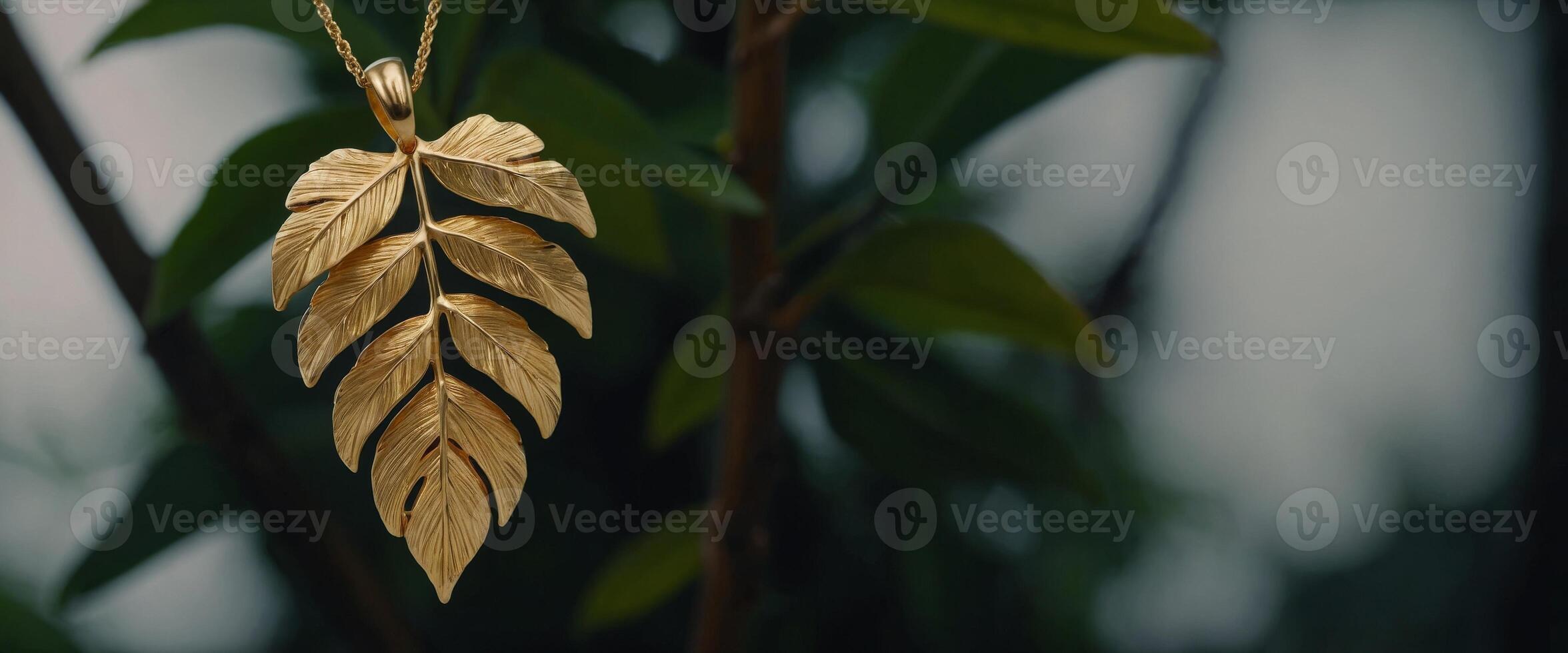 A golden jewelry pendant designed in the shape of a leaf on a branch, symbolizing nature's influence on jewelry design. photo