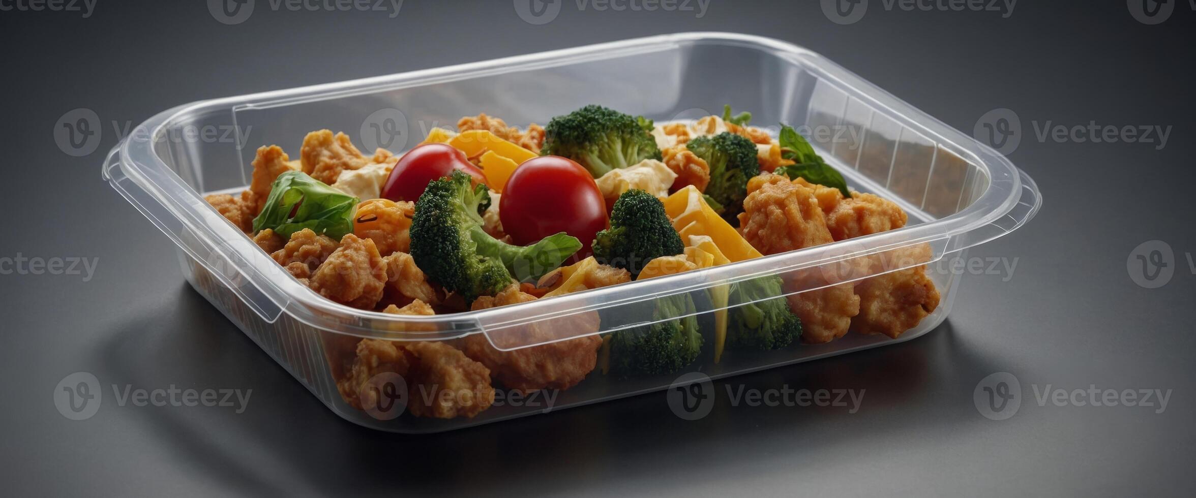 A plastic food packaging tray covered with a clear plastic lid, prepared as a mockup. photo