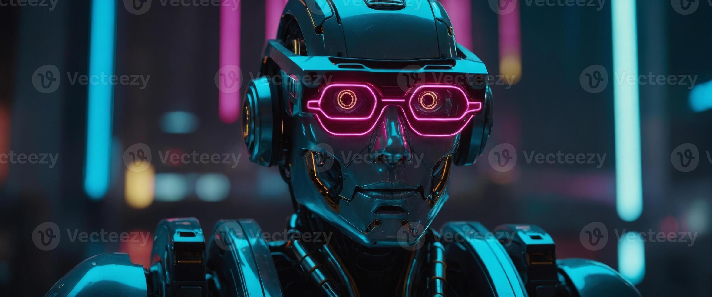 A robot is adorned with neon-colored futuristic eyeglasses. photo