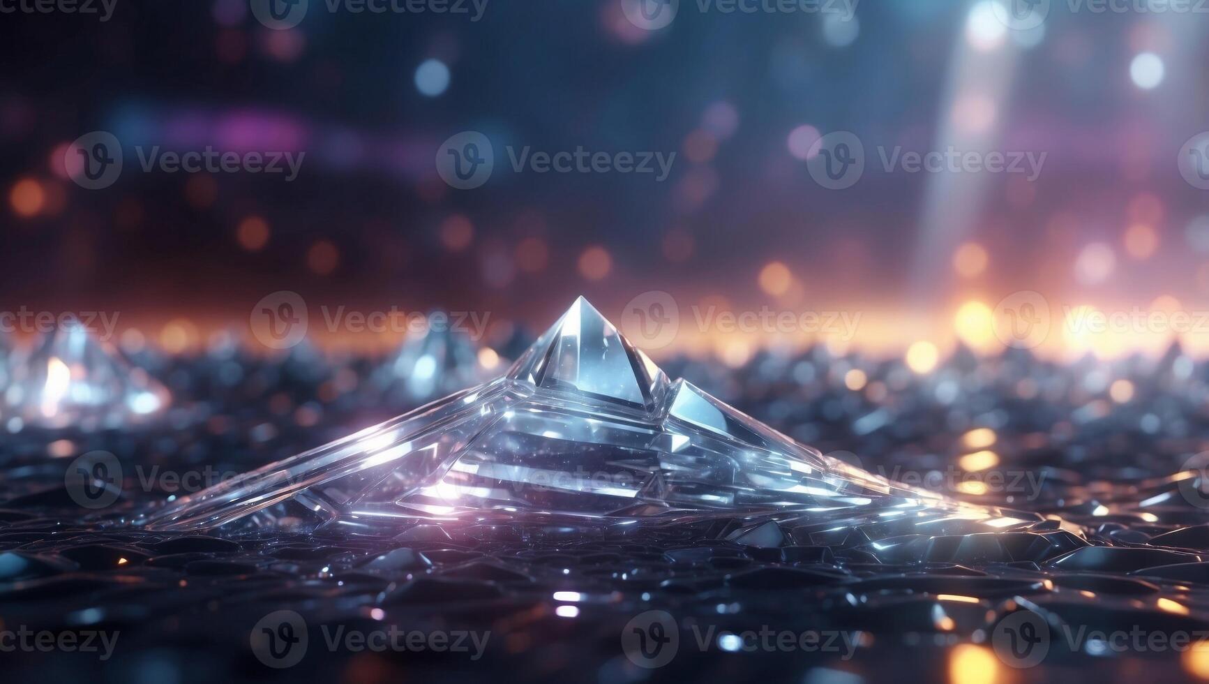 Alien Landscape of Crystalline Structures Refracting Light into Beams on a High Technology Background. photo