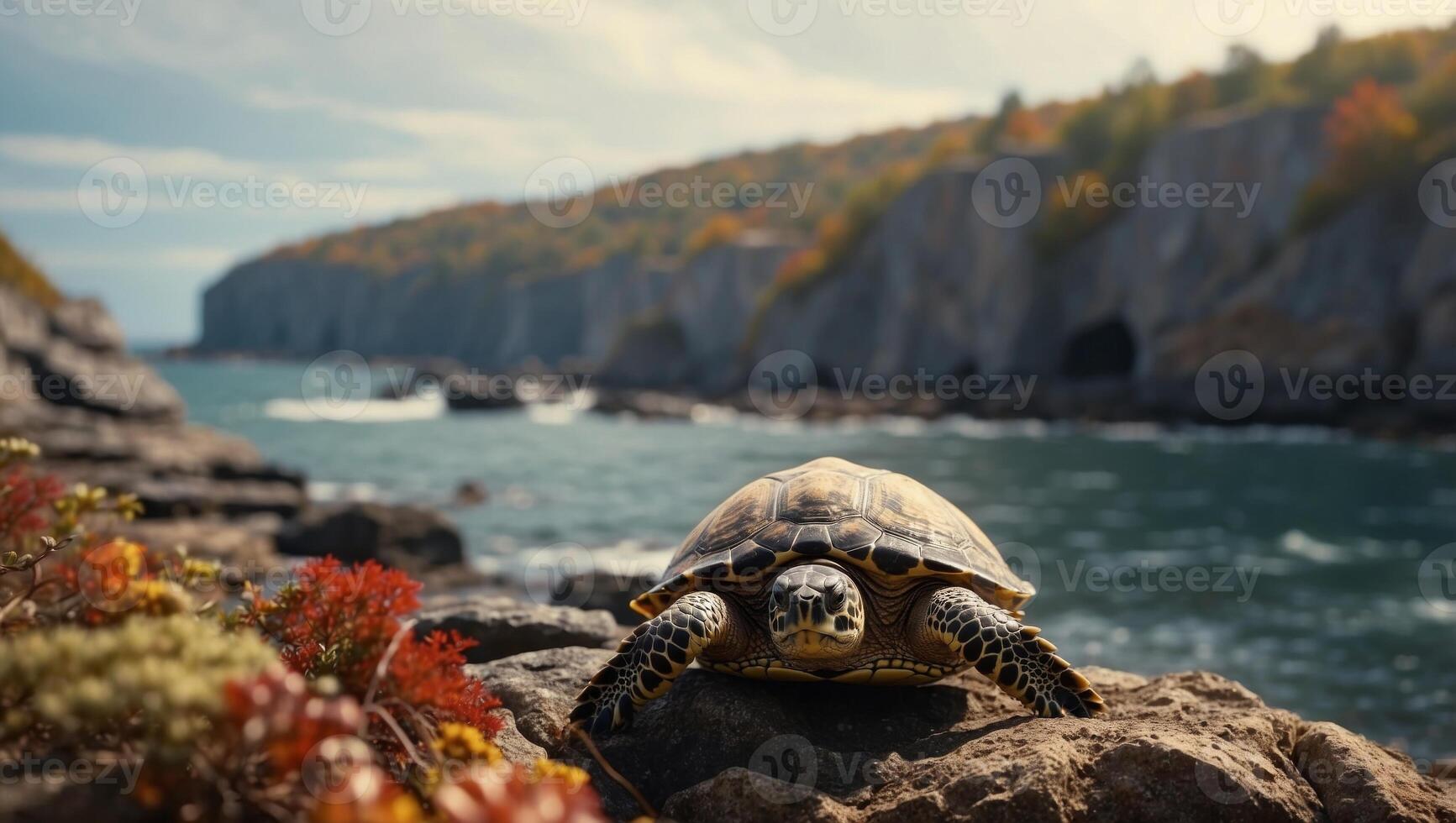 An Ancient Amphitheater City Finds a New Home on a D Rendered Sea Turtle in a Rocky Shore at Autumn Afternoon. photo