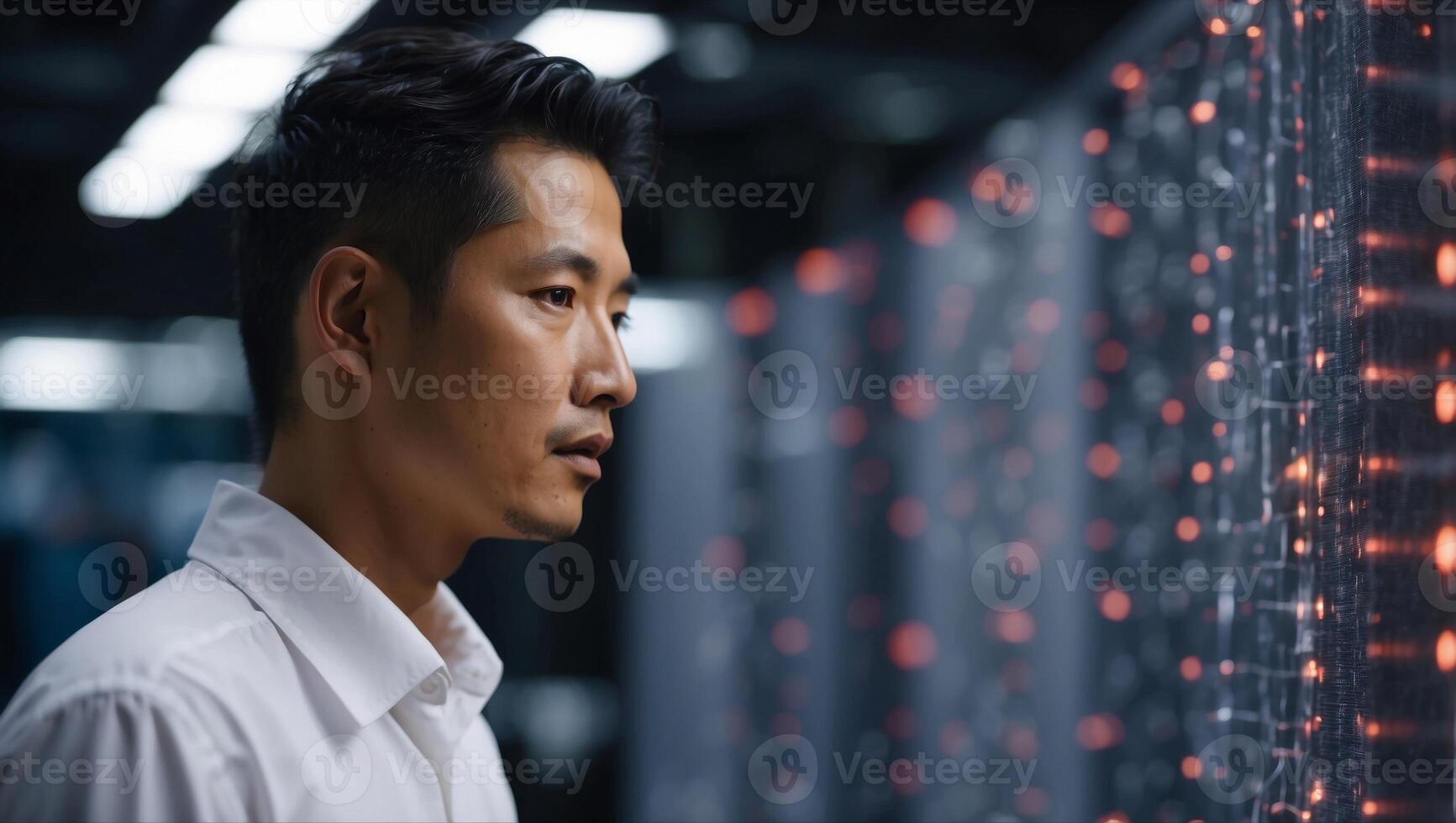 An Asian Man Manipulate Data and Geometry Screen in White High-Tech Software Space. photo