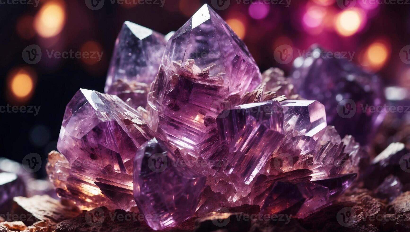 Amethyst Crystals Double Exposure Emanating Radiant Purple Hues in Closeup. photo