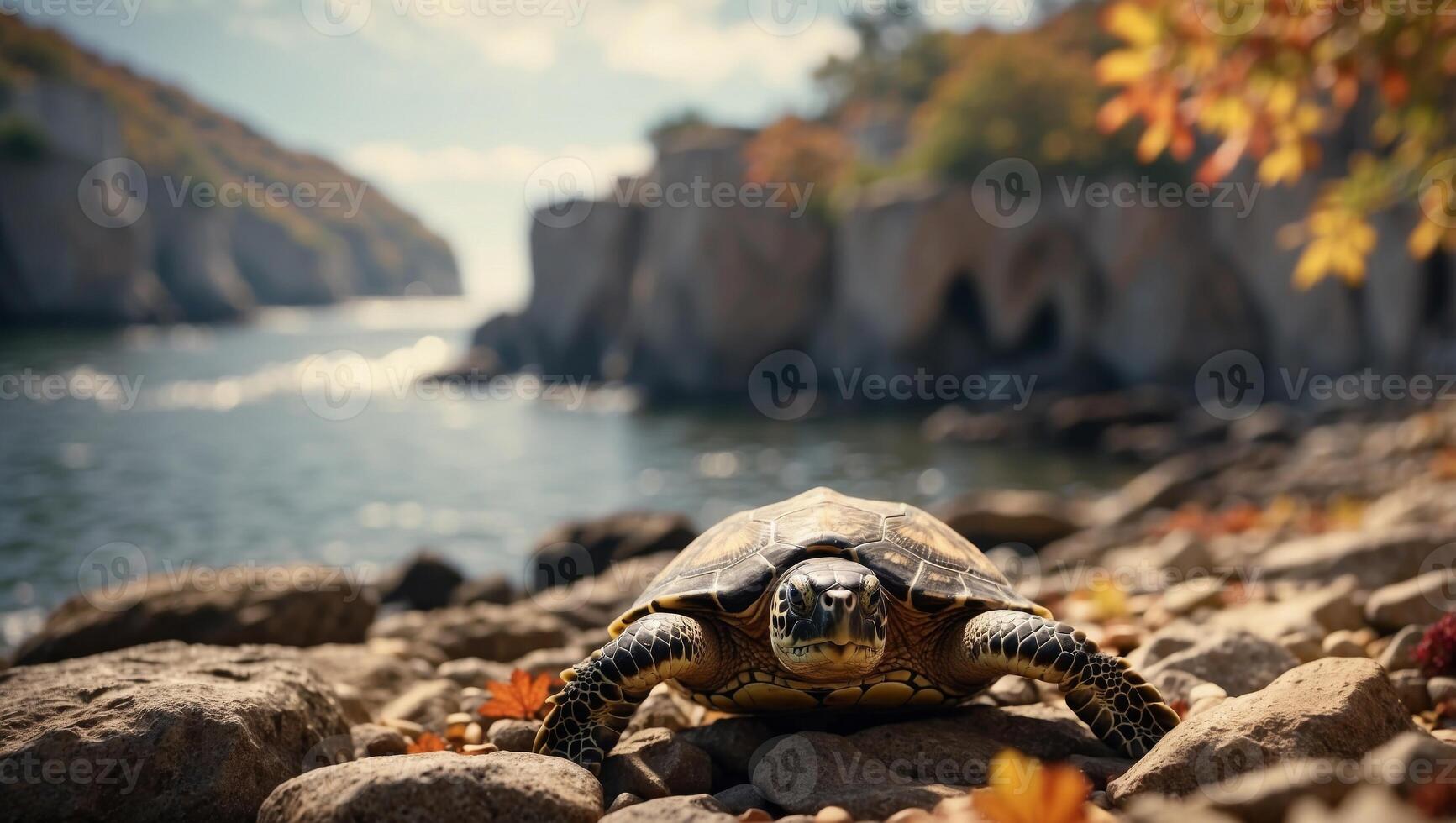 An Ancient Amphitheater City Finds a New Home on a D Rendered Sea Turtle in a Rocky Shore at Autumn Afternoon. photo