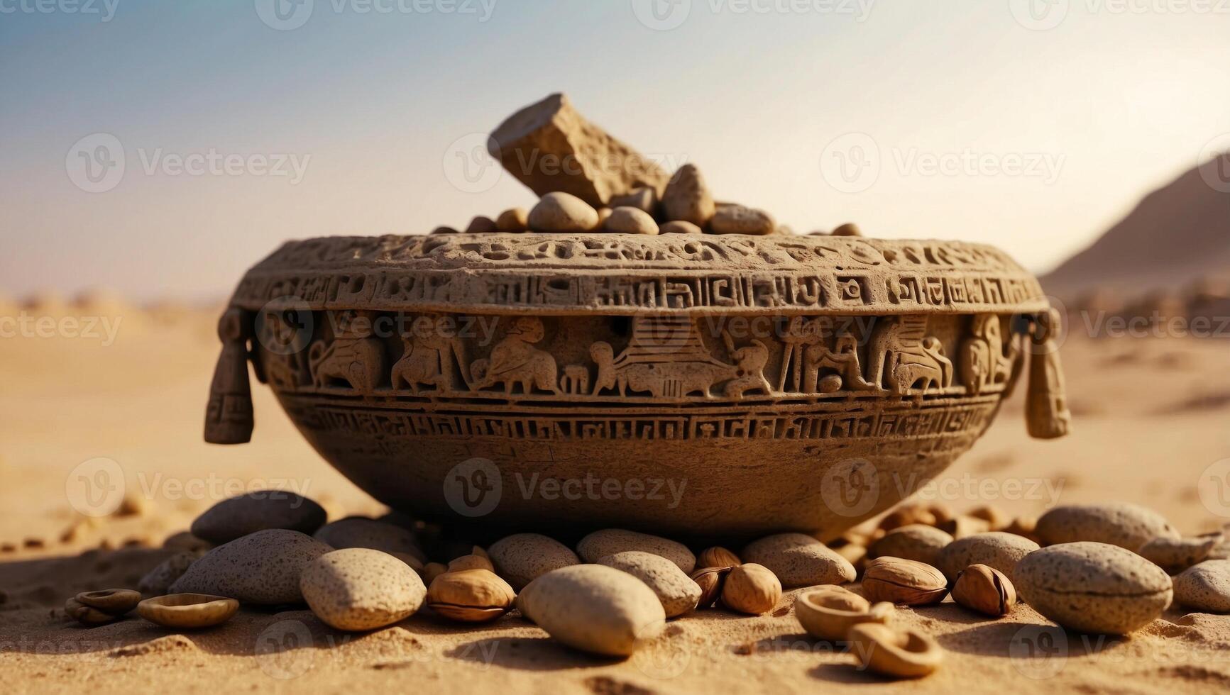 Ancient Egyptian Offering with Hieroglyphic Screws and Nuts on HighTechnology Desert Background. photo
