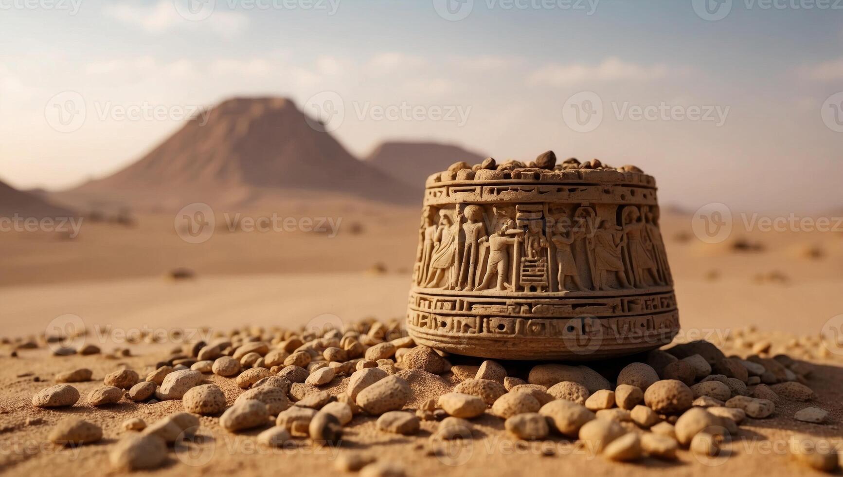 Ancient Egyptian Offering with Hieroglyphic Screws and Nuts on HighTechnology Desert Background. photo