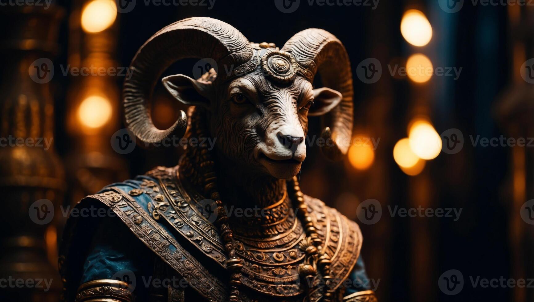 Ancient god Statue of a ram on a black background. photo