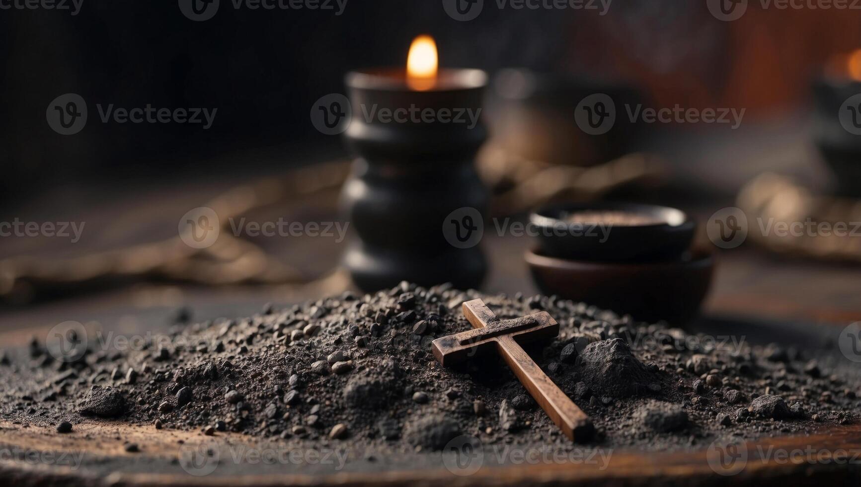 Ash Wednesday Christian cross symbol on ashes palette background. photo