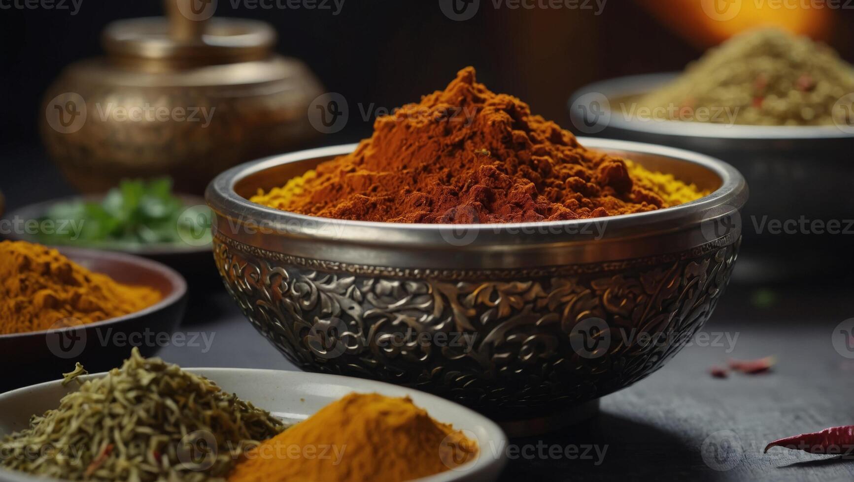Asian cuisine with a low angle view of bowls of colourful spices with focus to a bowl of turmeric based curry powder. photo