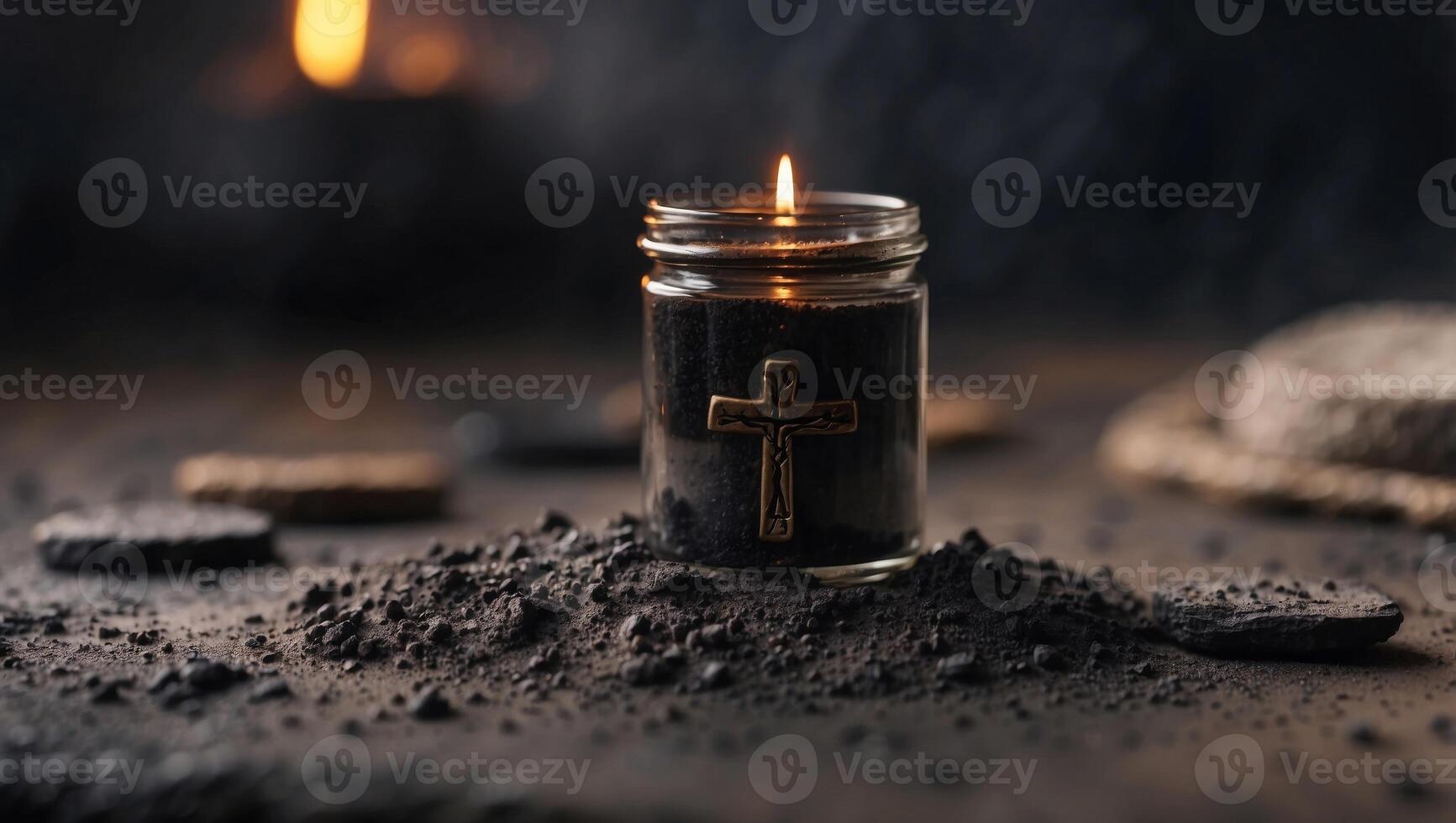 Ash Wednesday Christian cross symbol on ashes palette background. photo