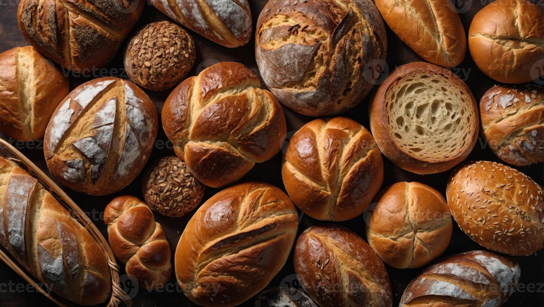 Assorted bread varieties in a charming basket, ready to be enjoyed Flat lay with copy space. photo