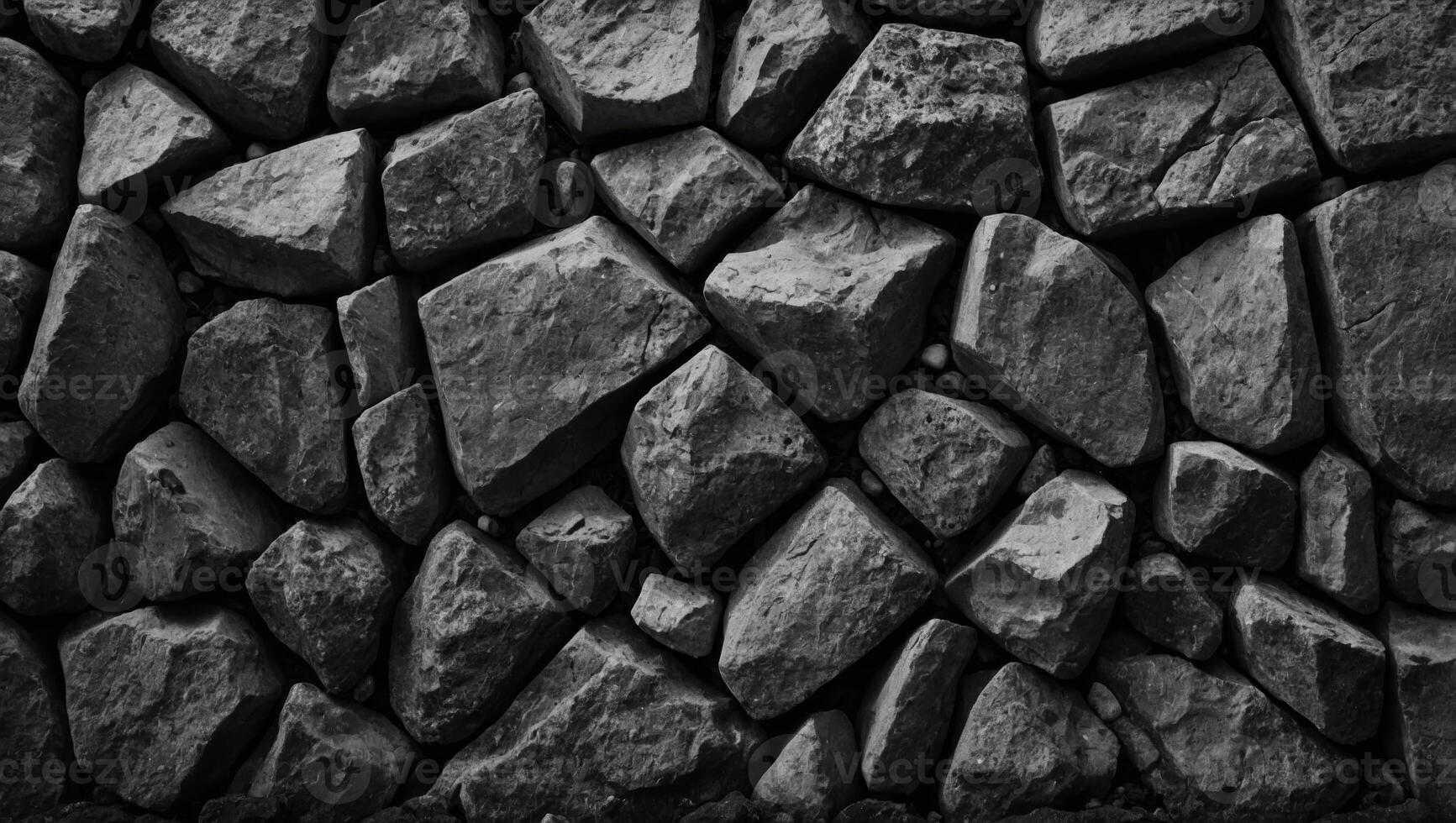 Backdrop of black and white Black rock texture Close-up Stone wall background for design Copy space Wide banner. photo