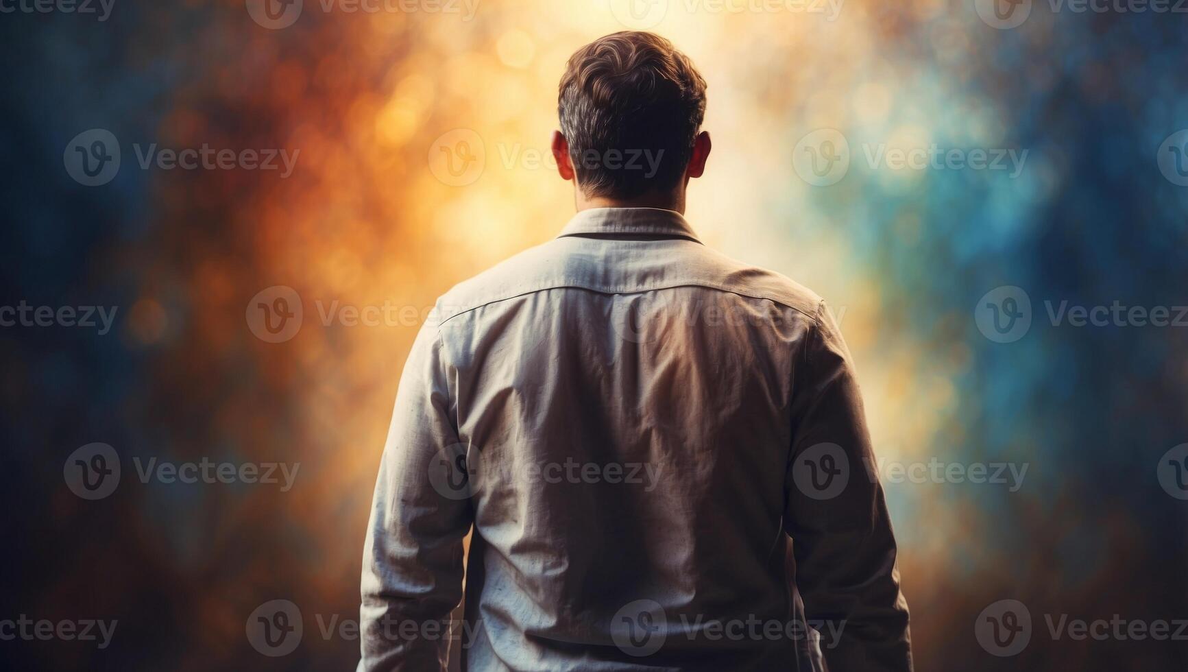 Back view of a man in worship on watercolor background. photo