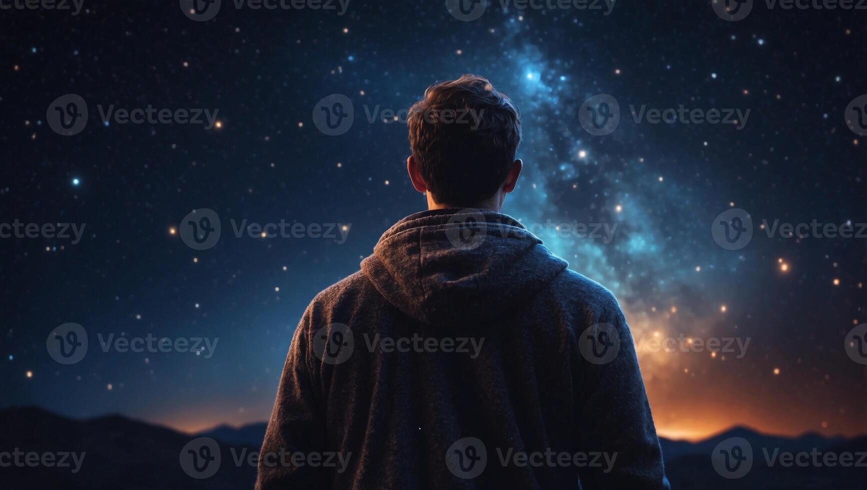 Back view of man looking at night sky with stars and nebula. photo