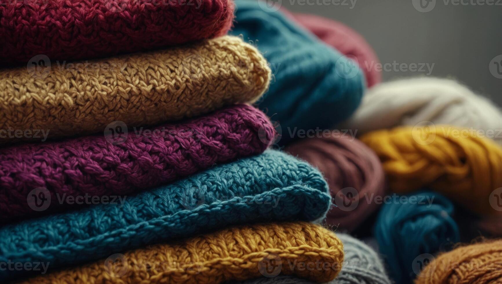 Background with a stack of knitted fabric Textile background. photo