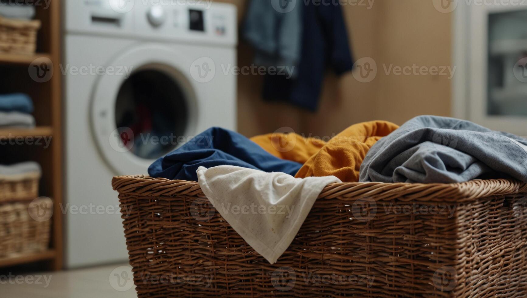 Basket with clothes in laundry room with washing machine on background. photo