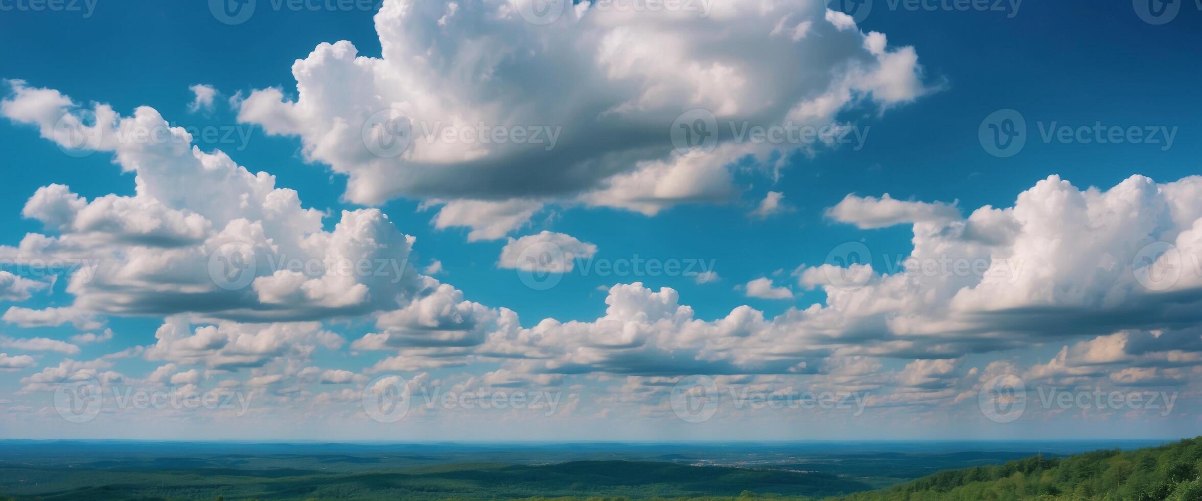 Beautiful colorful panorama of summer blue sky with white clouds Panoramic view. photo