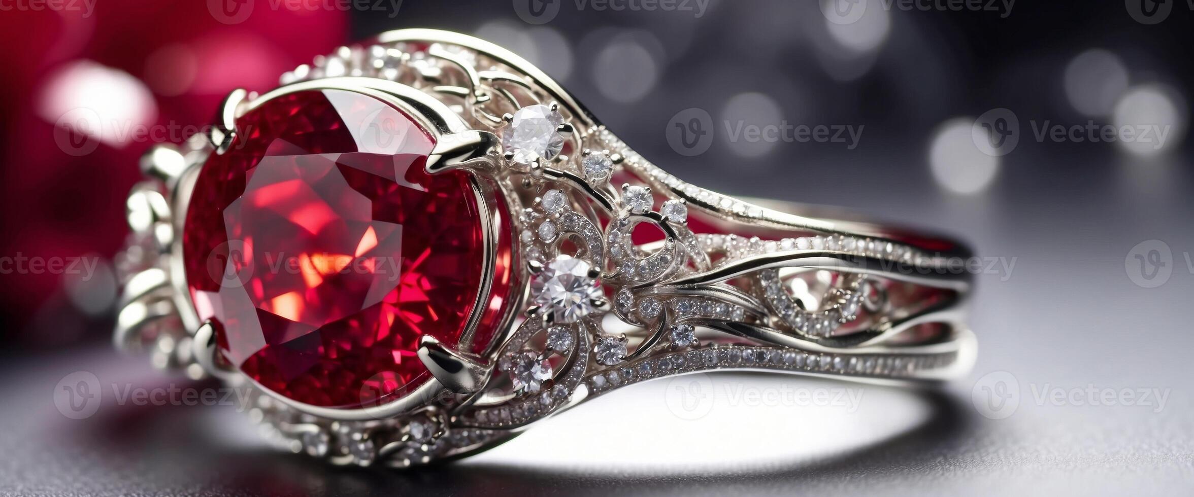 Beautiful elegant luxury composition of from silver and platinum jewelry with with rings and a big ruby gemstone and diamonds on light silvery background close-up macro. photo