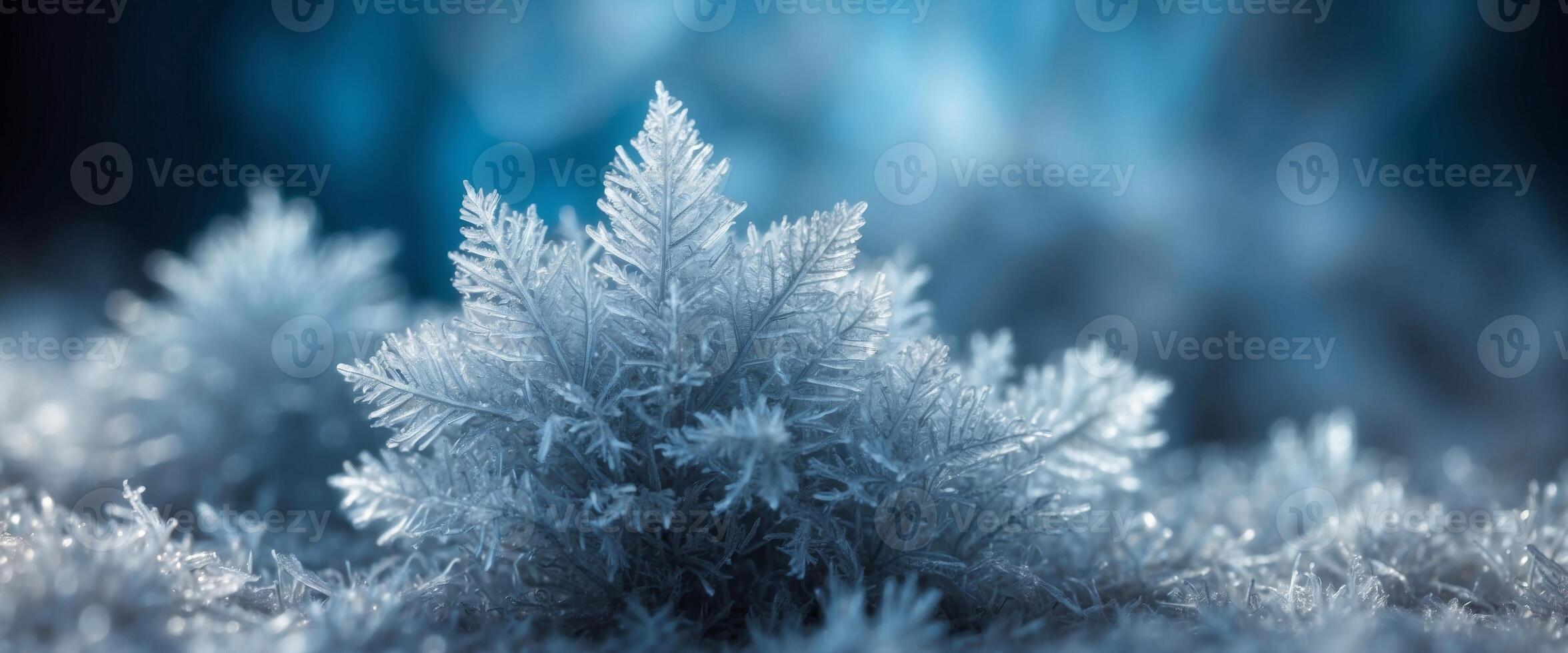 Beautiful crystals of hoarfrost close-up macro on a natural atmospheric blue background Winter snow background. photo