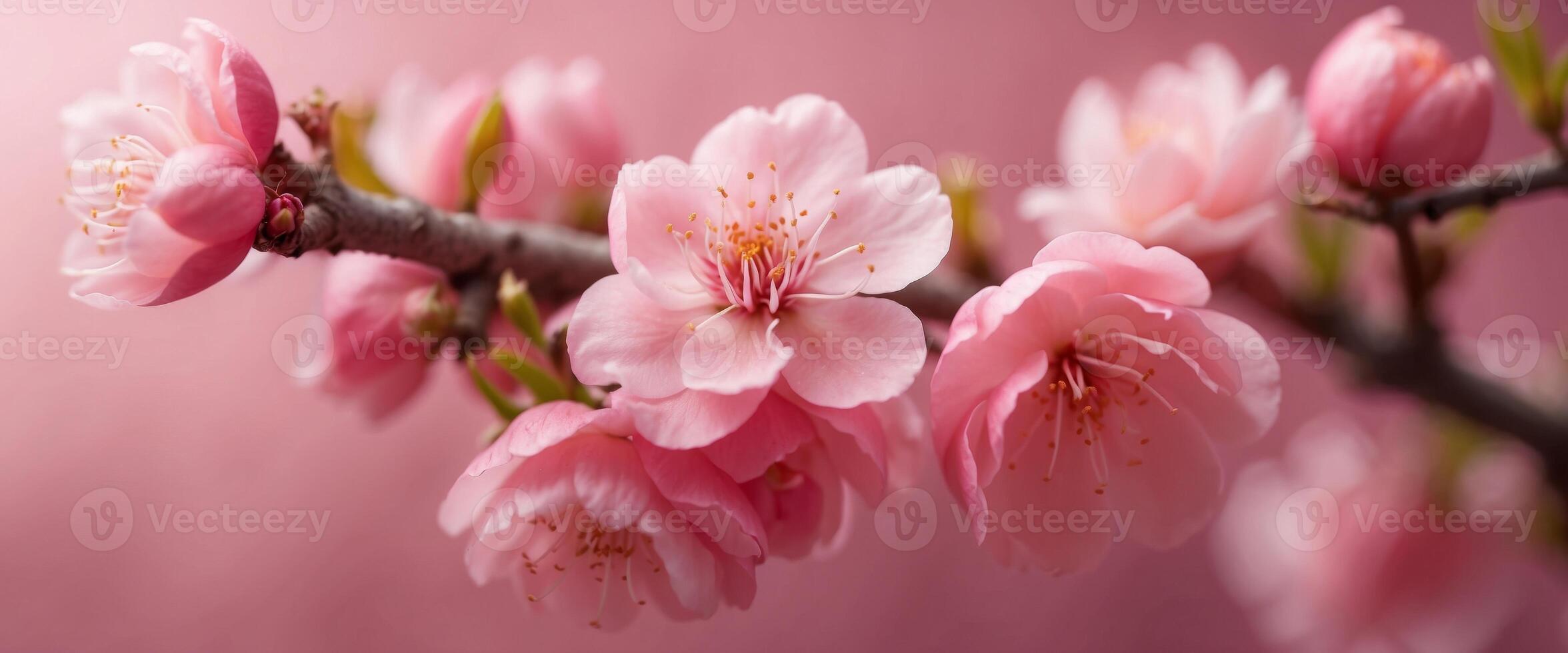 Beautiful flowering peach branch in spring in nature Spring flowers on a delicate pink background close-up macro. photo