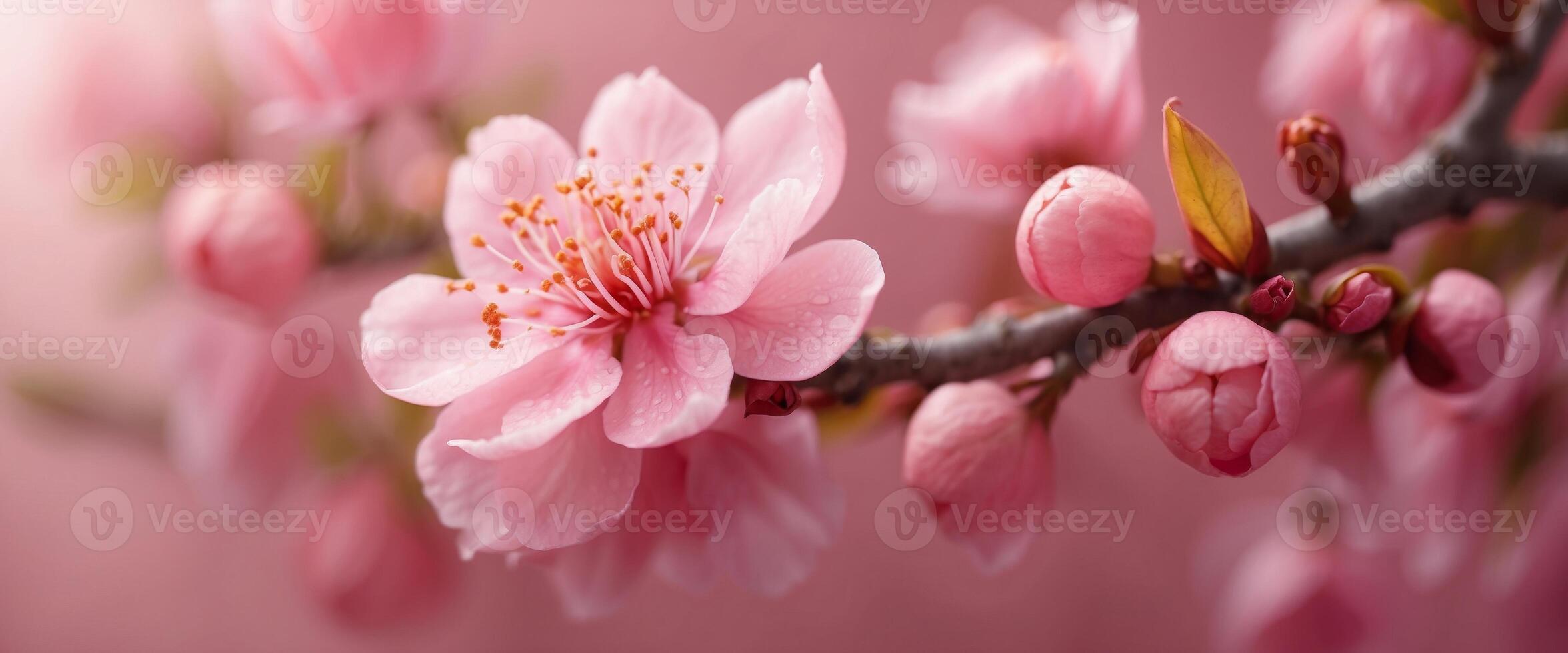 Beautiful flowering peach branch in spring in nature Spring flowers on a delicate pink background close-up macro. photo