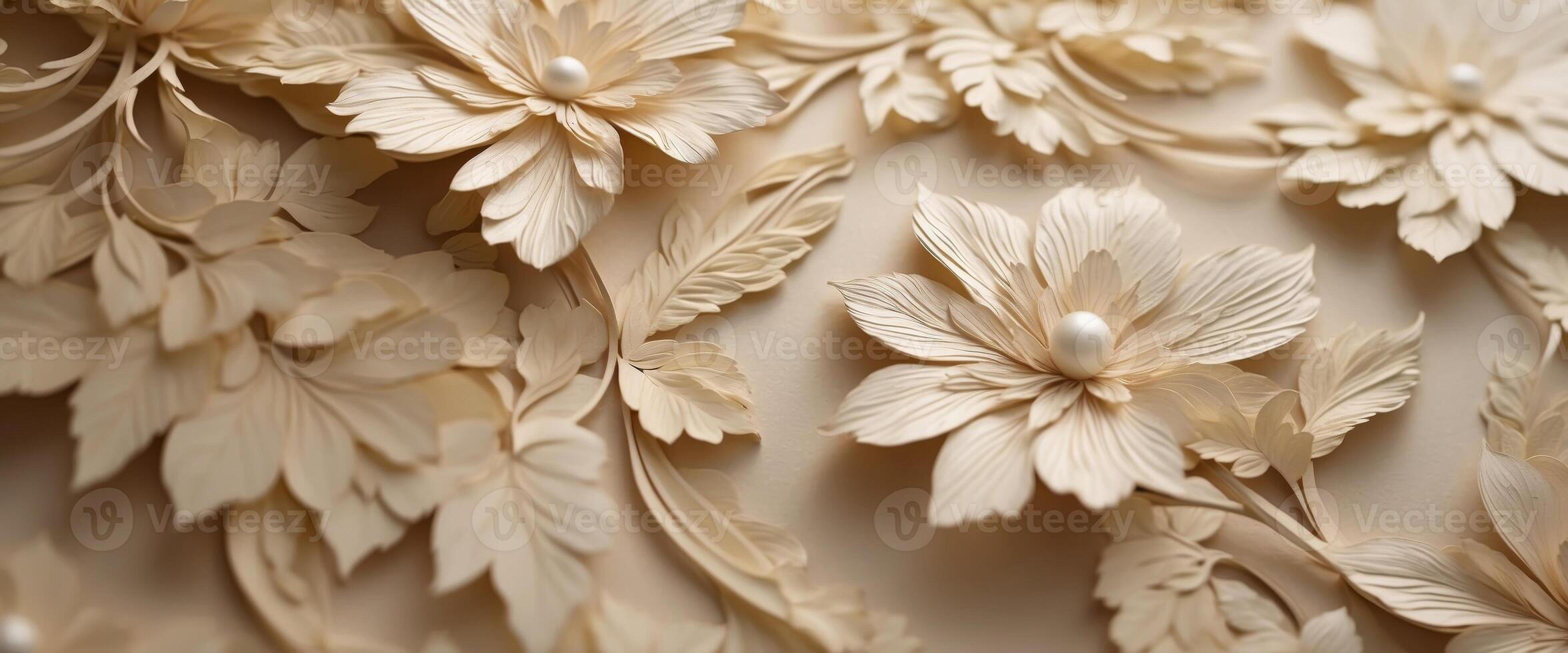 Beautiful texture of paper Wallpaper embossed in form of a classic floral ornament in light golden beige and white tones. photo