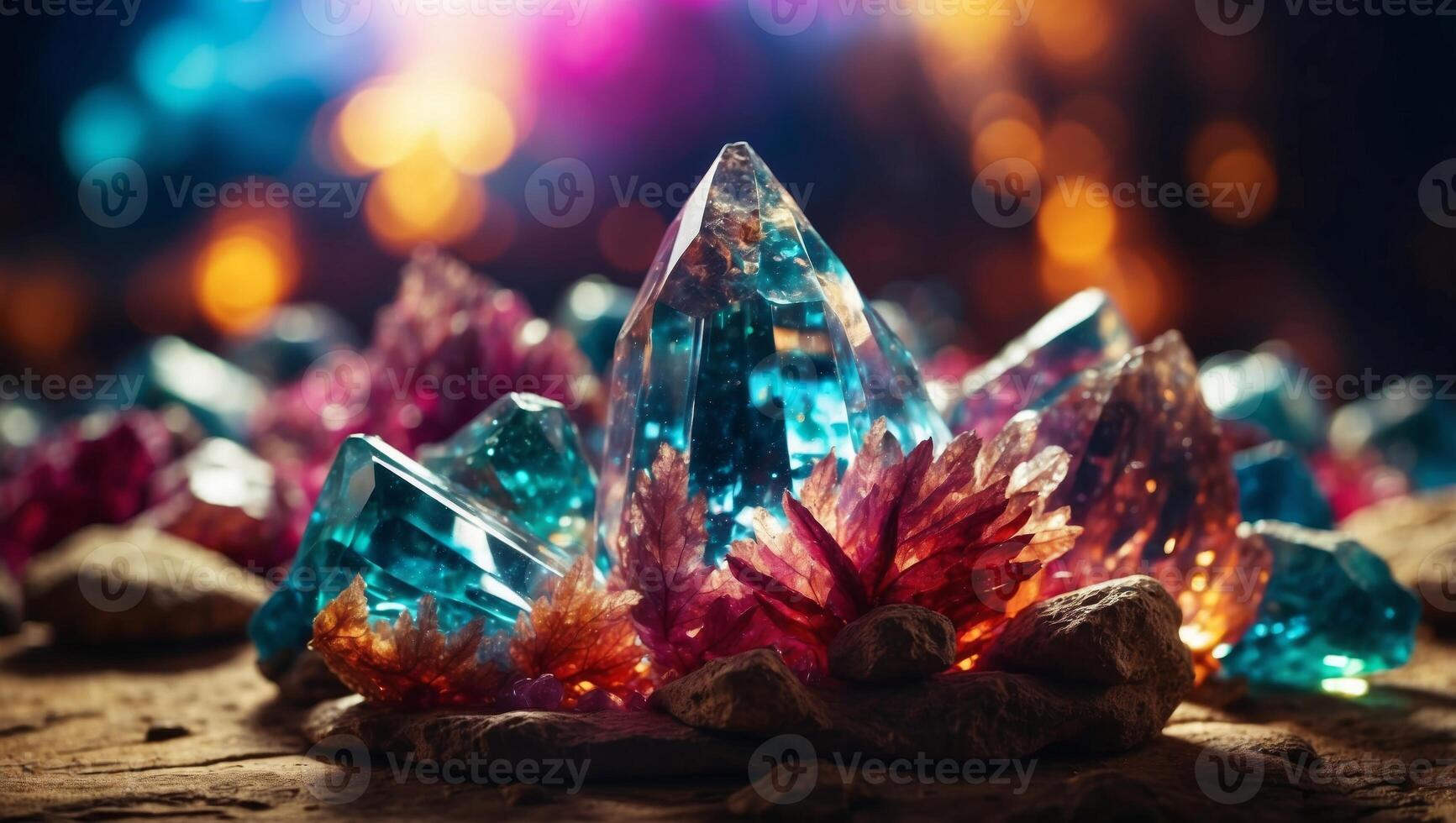 Boho Crystals Double Exposure Silhouette Radiating Healing Energies in Vibrant Colors. photo