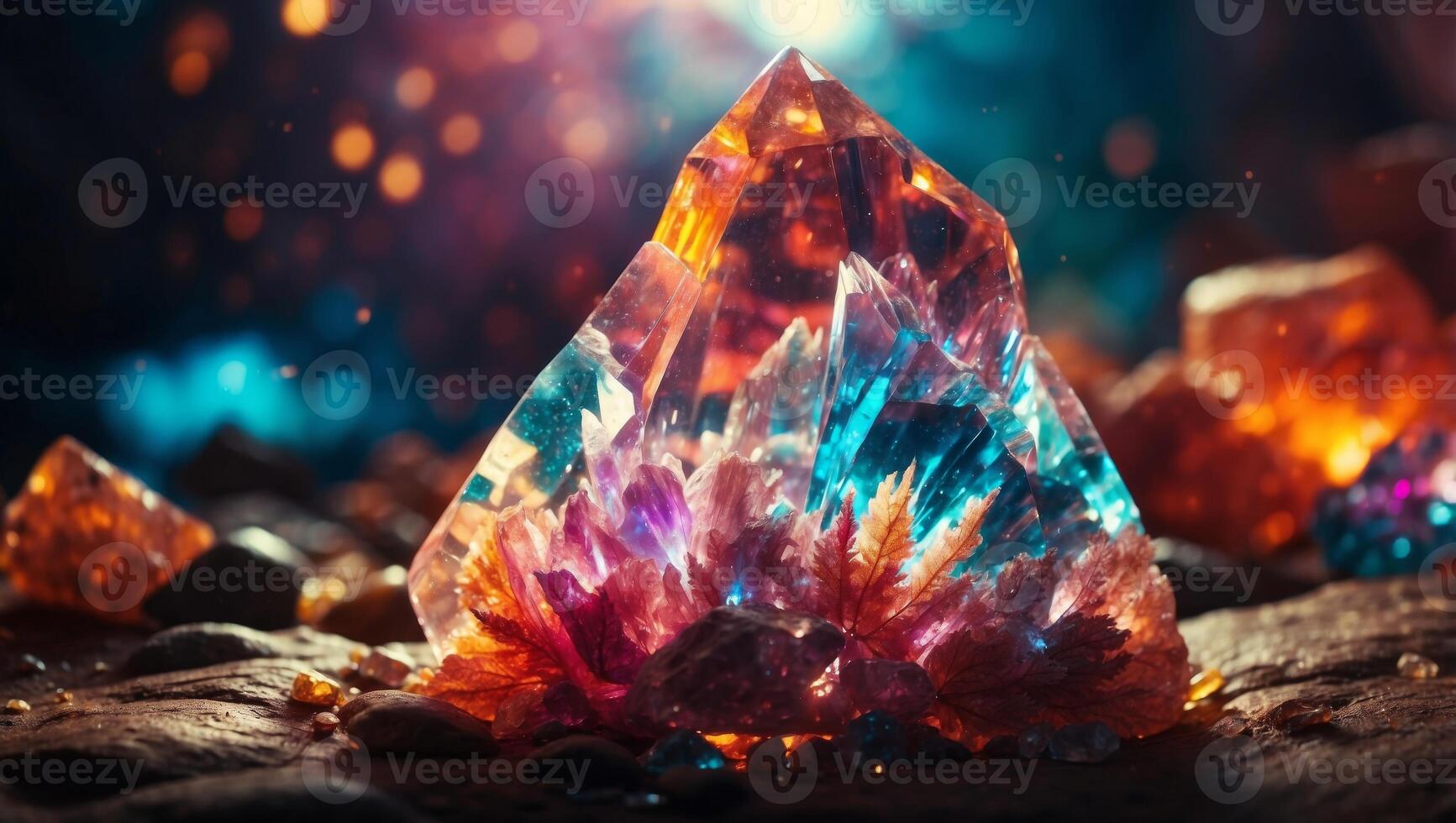 Boho Crystals Double Exposure Silhouette Radiating Healing Energies in Vibrant Colors. photo