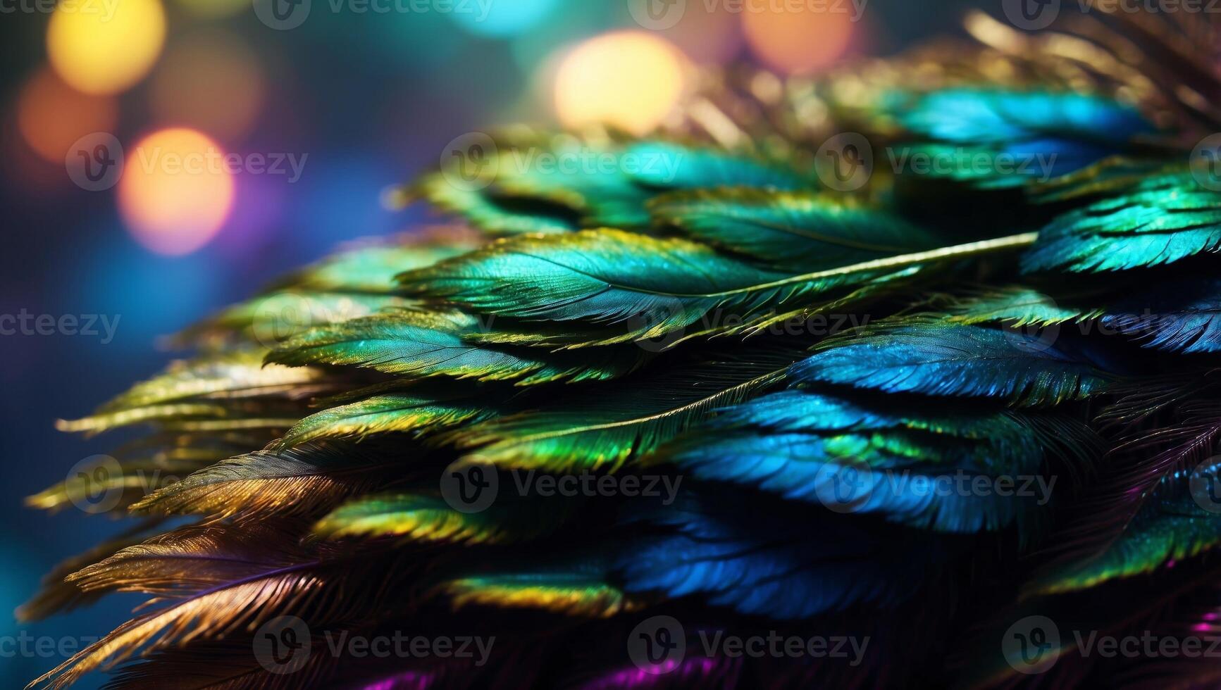 Bold Iridescence Peacock Feathers in Exotic Double Exposure Silhouette. photo