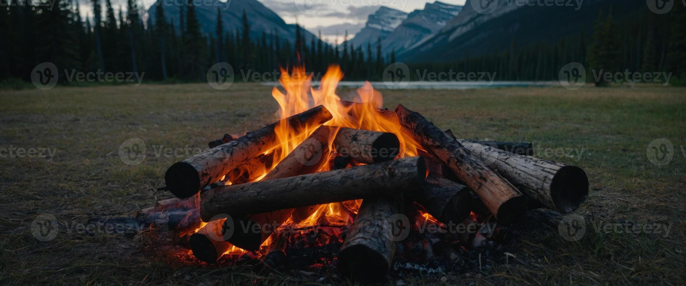 Bonfire in campsite in Banff National Park - Alberta, Canada. photo