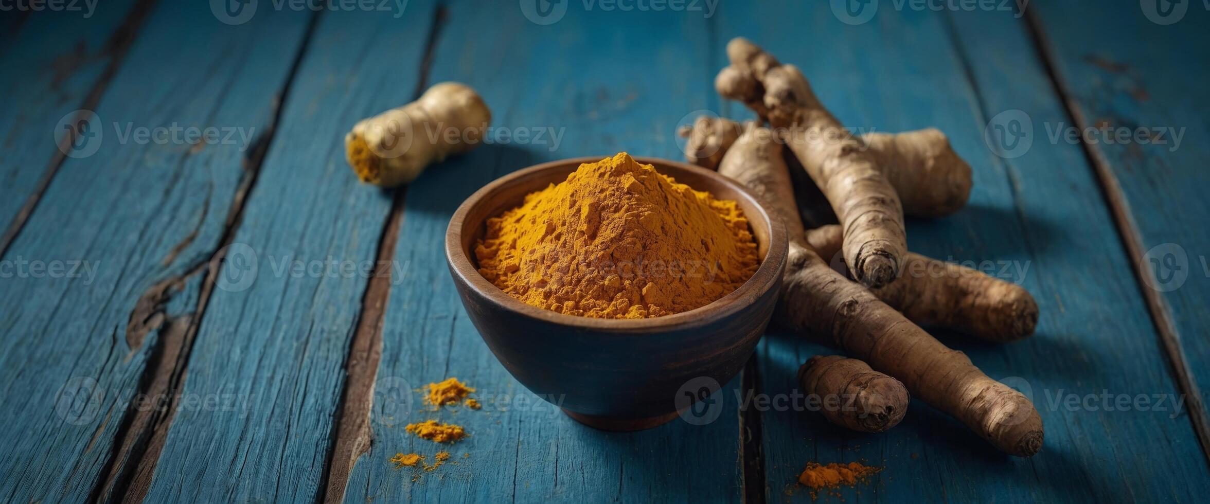 Bowl with turmeric powder and raw roots on blue wooden table, flat lay. photo