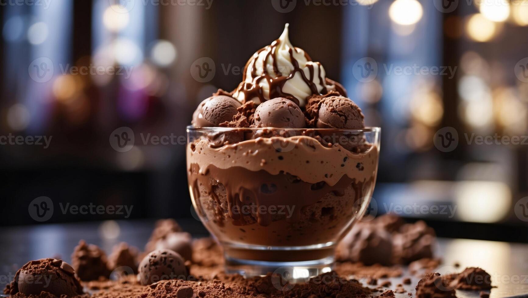 Chocolate Ice Cream Sundae with Exquisite Toppings Showcased in a Stylish Glass under Soft Natural Light. photo