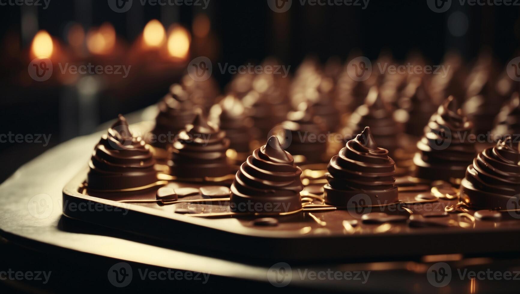 Chocolates Morph into Sharp Daggers on a Threatening Tray Under a Flickering Film Projector Light. photo