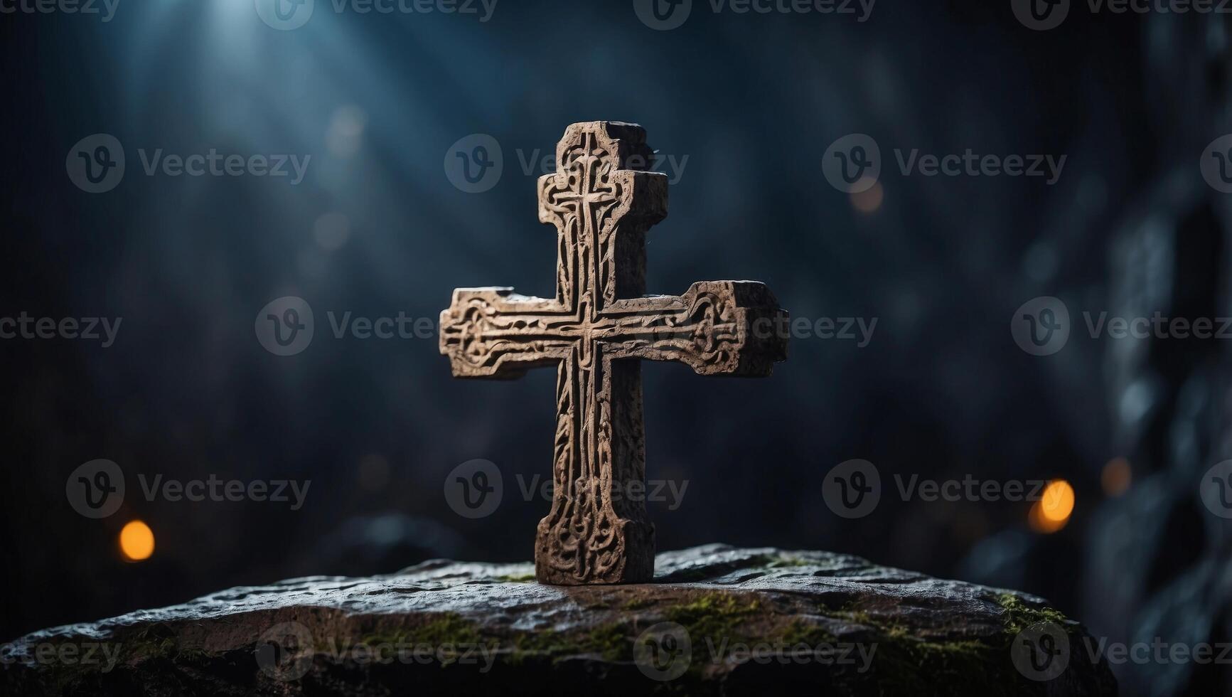 Christian cross carved on a stone on a dark background Christian concept with a contemporary art design. photo