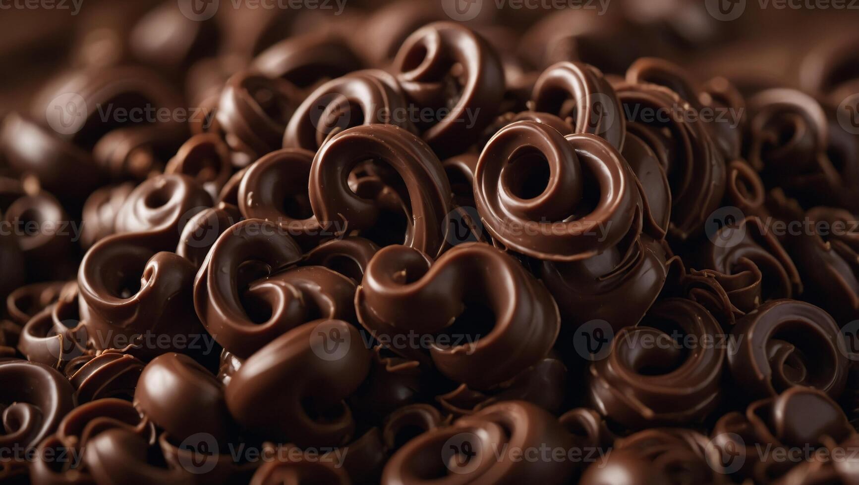 Close up of chocolate curls, used for cade decoration, selective focus. photo