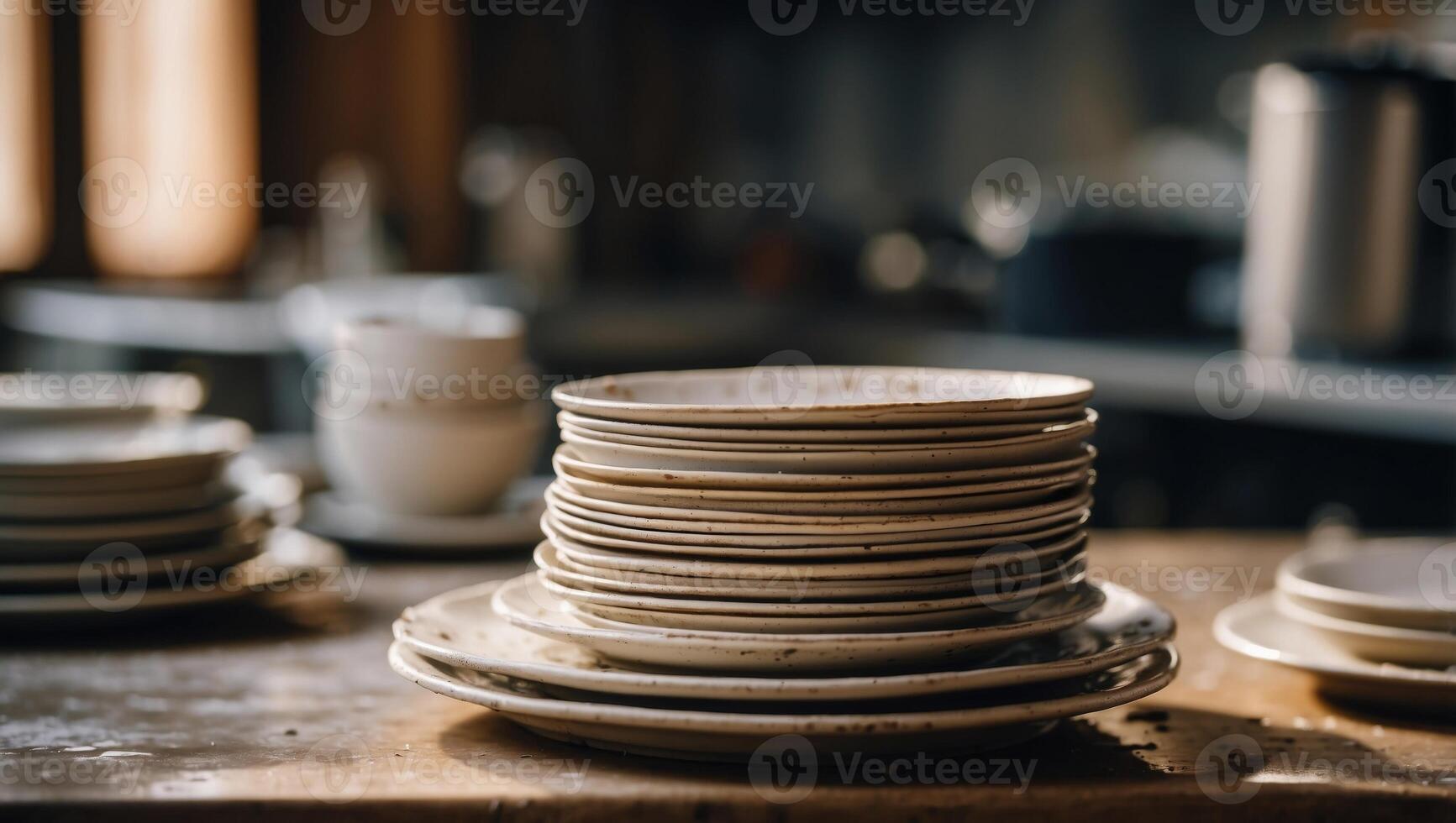 Closeup dirty plates stack on a table ready for washing. photo