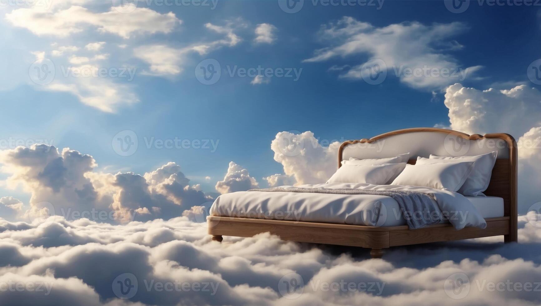 Closeup of the bed on the clouds on a blue sky with space for copy. photo