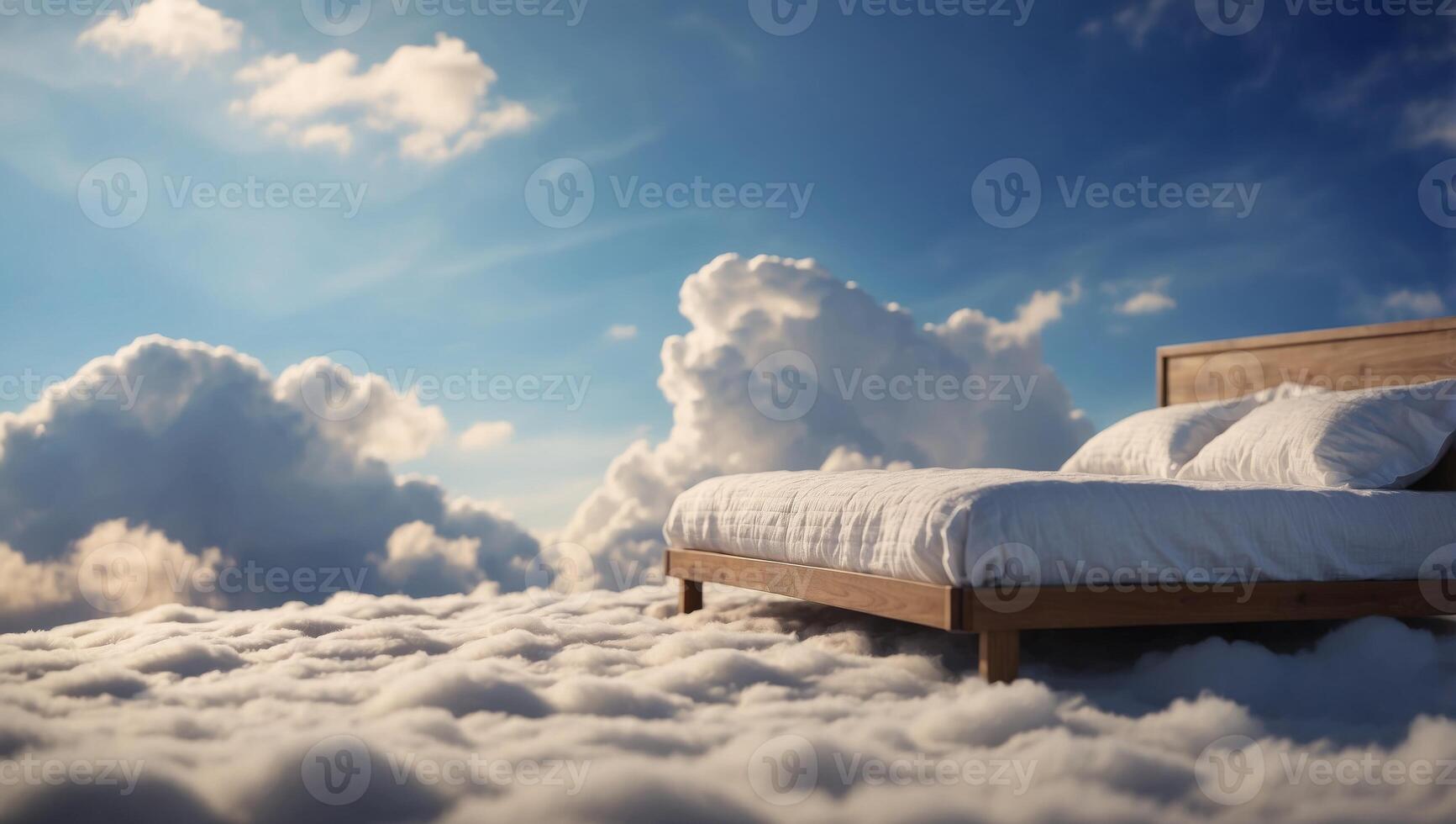 Closeup of the bed on the clouds on a blue sky with space for copy. photo