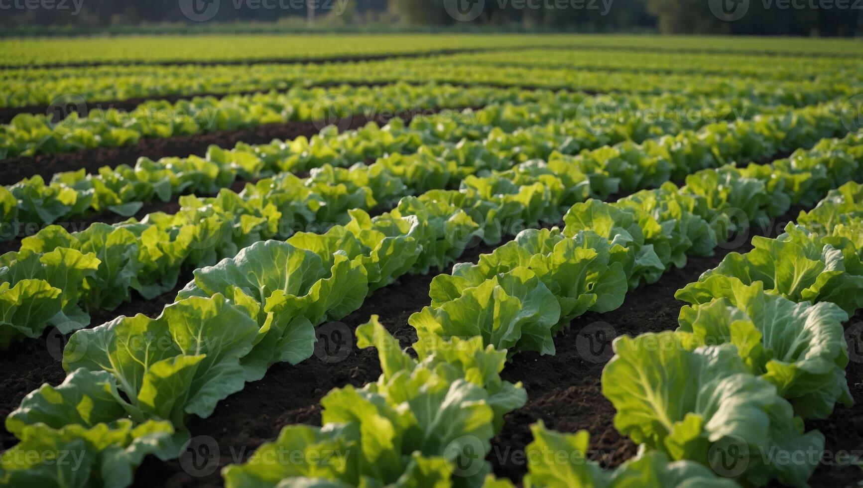 Closeup of rows of organic healthy green lettuce plants Local vegetable planting farm Fresh Green Curly iceberg salad leaves growing texture Natural vegetable garden background Copy space. photo