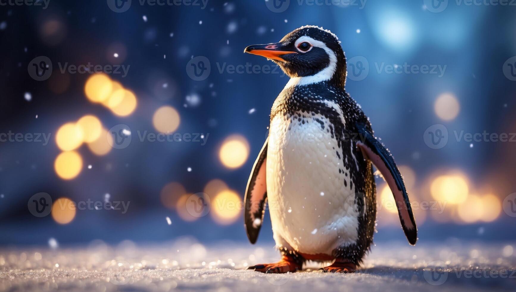 Closeup penguin on snow on glowing bokeh background. photo