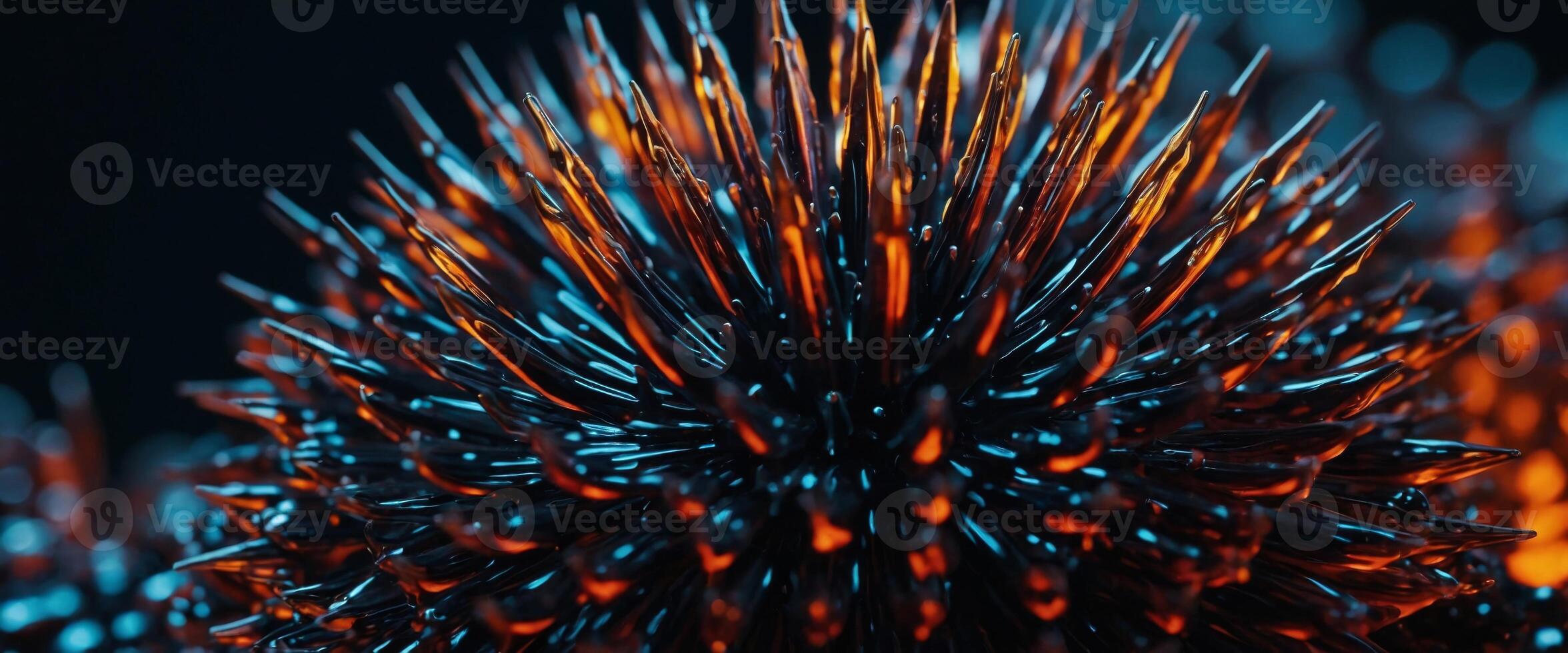 Close-up view of ferrofluid spikes illuminated by neon light, showcasing magnetic properties. photo